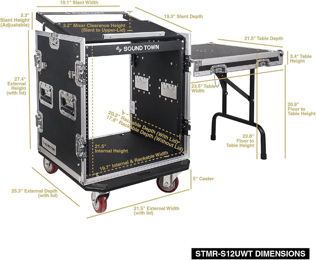 Enhanced 1/2" (12mm) Plywood 12U PA DJ Rack/Road Case with 11U Slant Mixer Top, 20’’ Rackable Depth, DJ Work Table