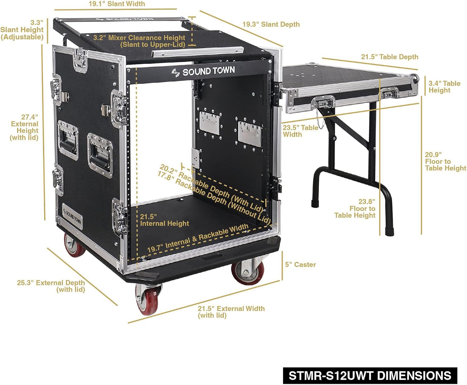 Enhanced 1/2" (12mm) Plywood 12U PA DJ Rack/Road Case with 11U Slant Mixer Top, 20’’ Rackable Depth, DJ Work Table