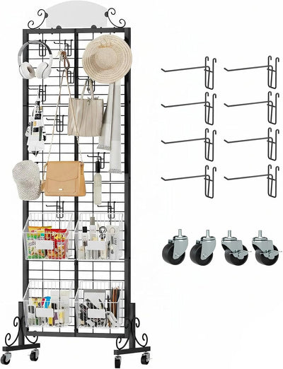 Grid Wall Panel Display Stand, 2.2' x 6.2' FT Gridwall Panel with Extra 8 Hooks, Craft Show Display Rack Black Metal