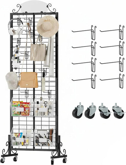 Grid Wall Panel Display Stand, 2.2' x 6.2' FT Gridwall Panel with Extra 8 Hooks, Craft Show Display Rack Black Metal