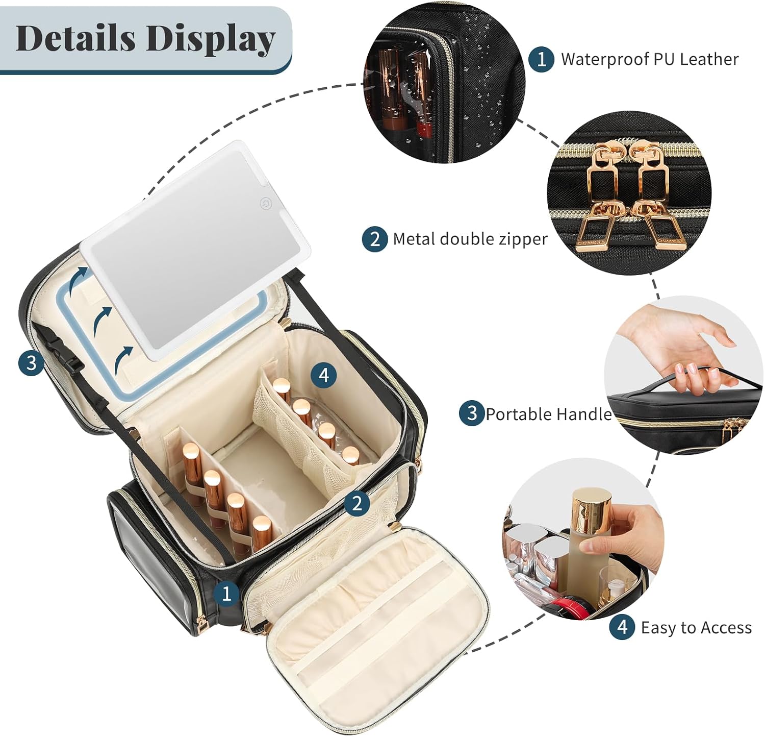 Large Makeup Bag with LED Mirror, Travel Makeup Bag Organizer for Women Girls with Makeup Brush Compartment & Two