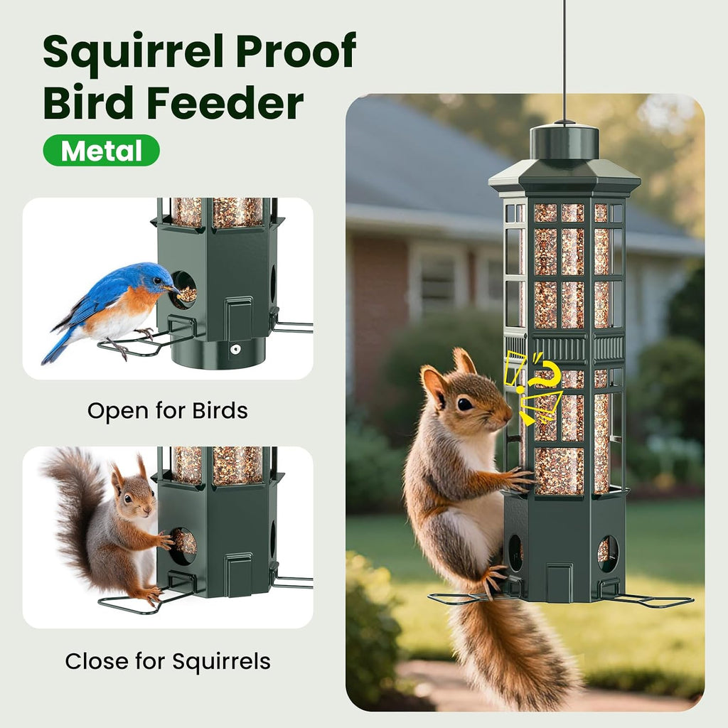 Squirrel Proof Bird Feeder, Chew-Resistant Metal Hanging Bird Feeder for Outdoors Gravity Spring Mechanism, 3 Feeding