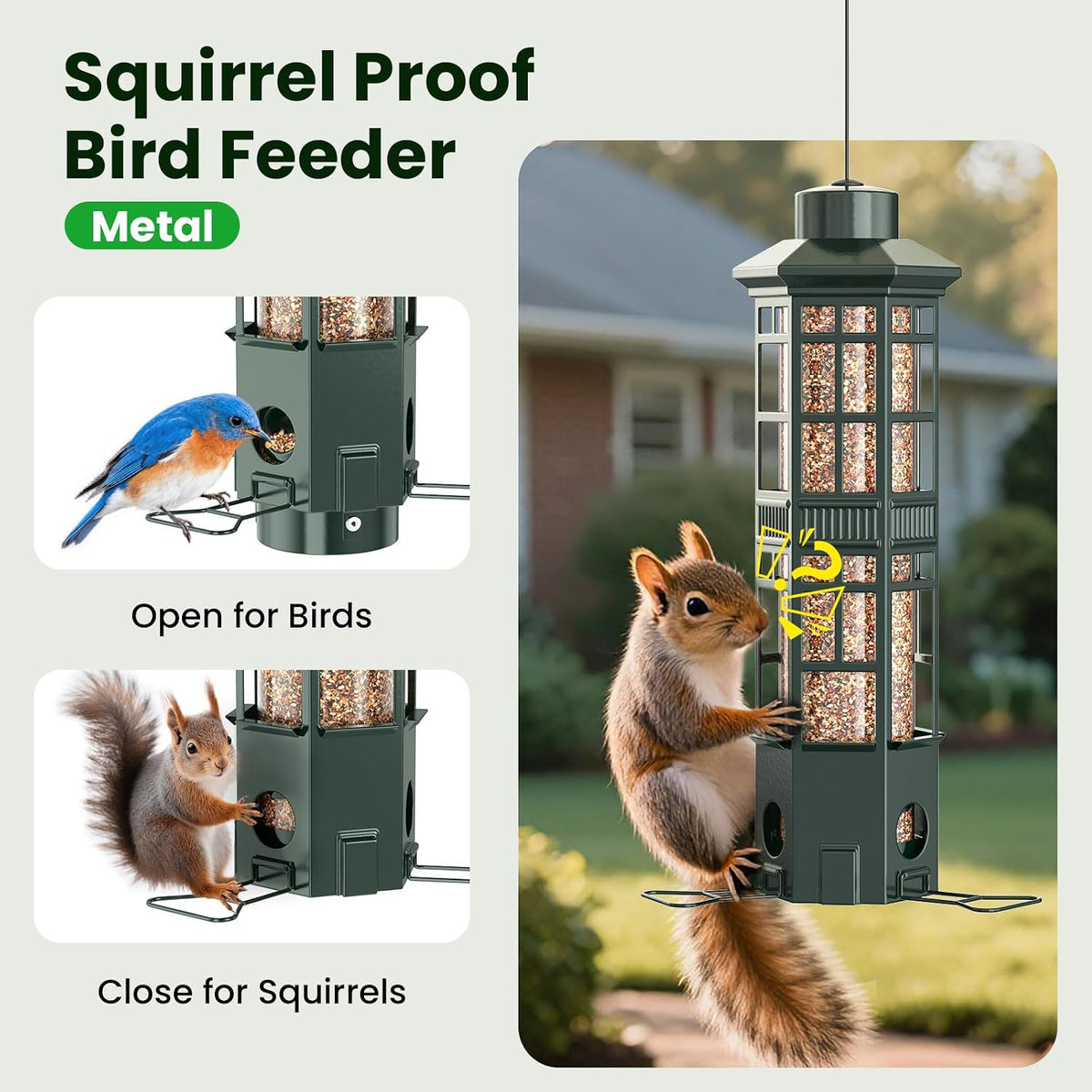 Squirrel Proof Bird Feeder, Chew-Resistant Metal Hanging Bird Feeder for Outdoors Gravity Spring Mechanism, 3 Feeding