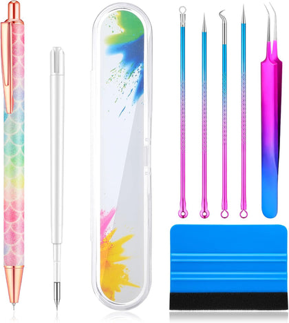 8 Pieces Pin Pen Weeding Tool Vinyl Weeding Tool with Rainbow Retractable Air Release Pen and Refill Vinyl Squeegee