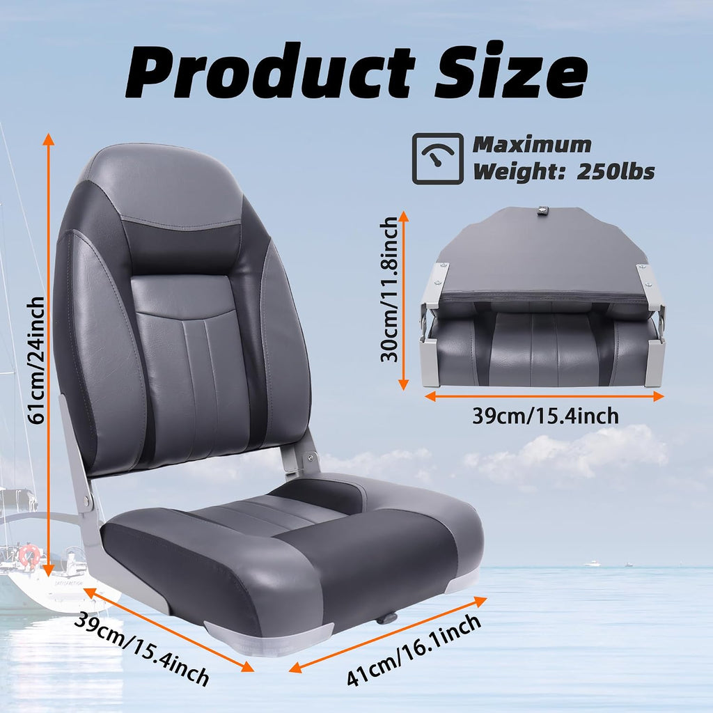 High Back Boat Seats Folding Fishing Boat Chair, Gray&Black | Marine Boat Captain Chairs With Thick Cushion, Aluminum