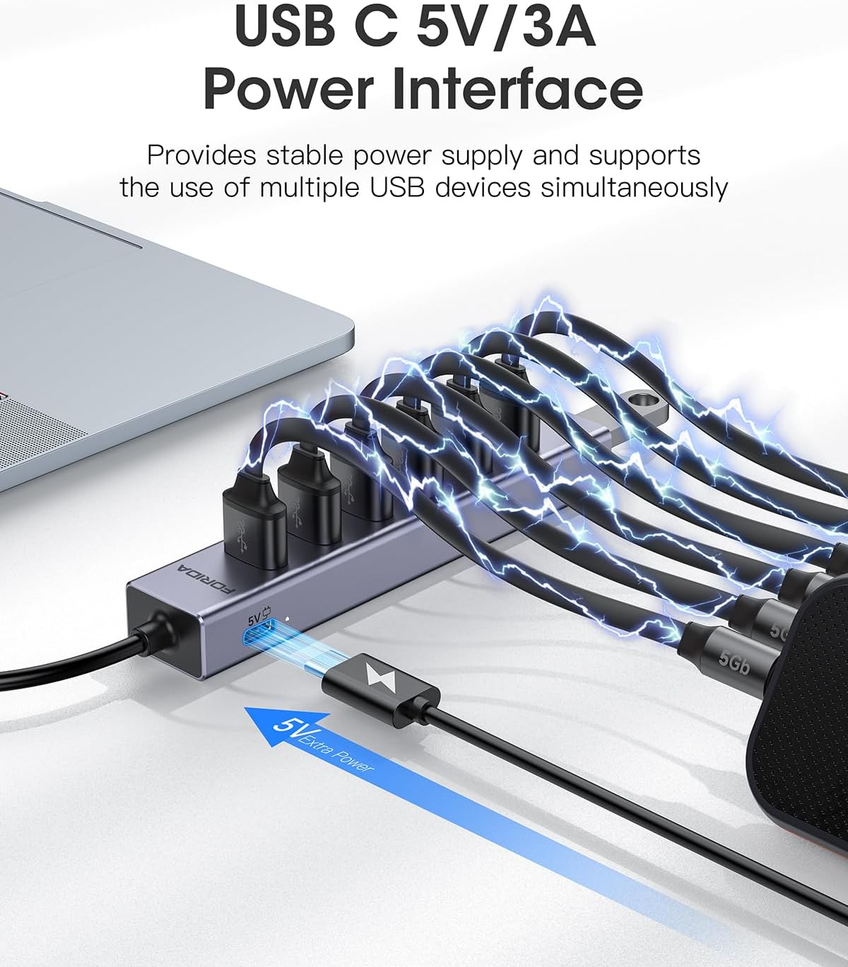 Aluminum Alloy 8 Port USB Hub Long Cable USB Splitter with 7-USB3.0 Data Ports and TypeC 5V/3A Power Port Compatible