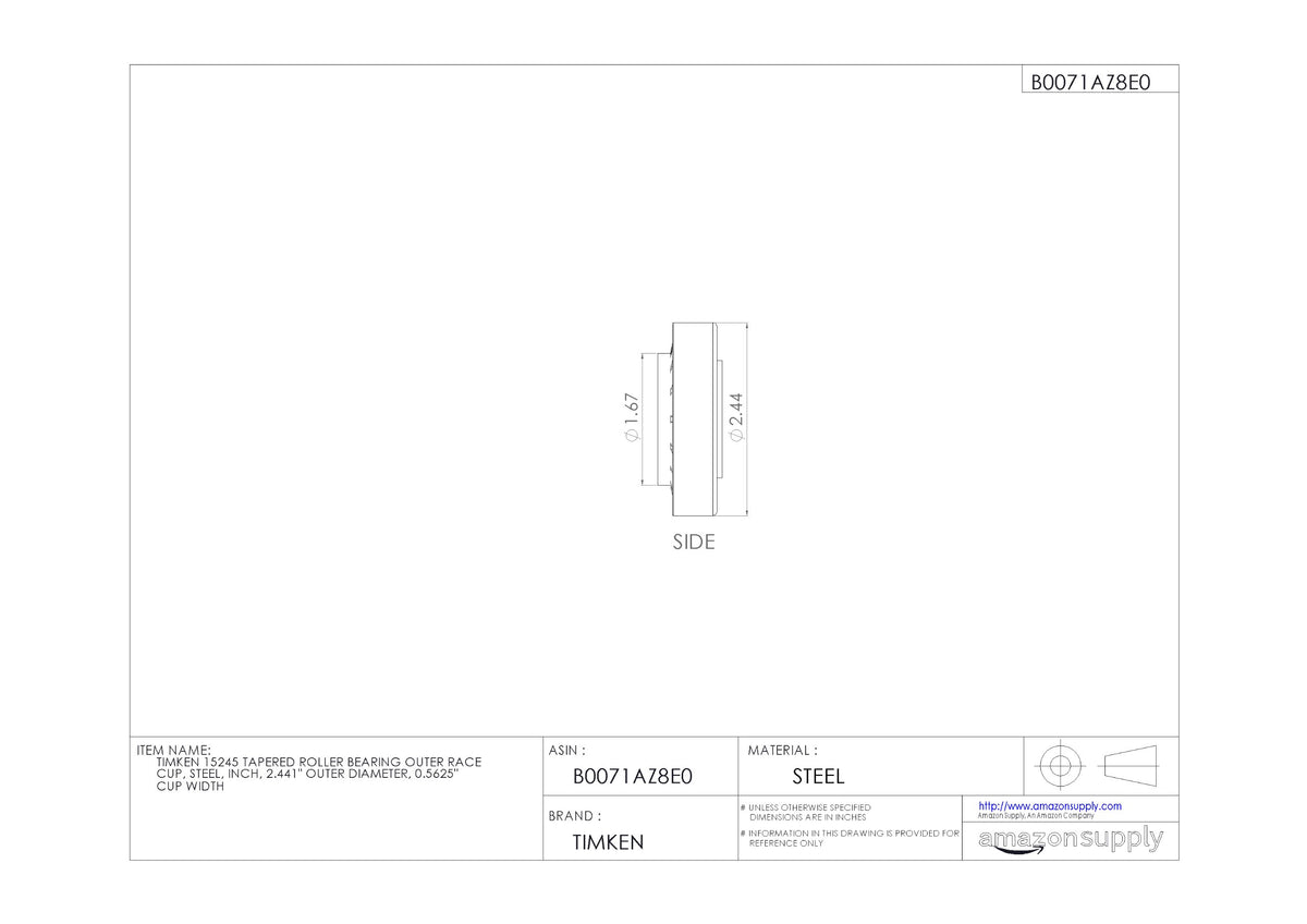 Timken 15245 Tapered Roller Bearing, Single Cup, Standard Tolerance, Straight Outside Diameter, Steel, Inch, 2.441" Outer Diameter, 0.5625" Width