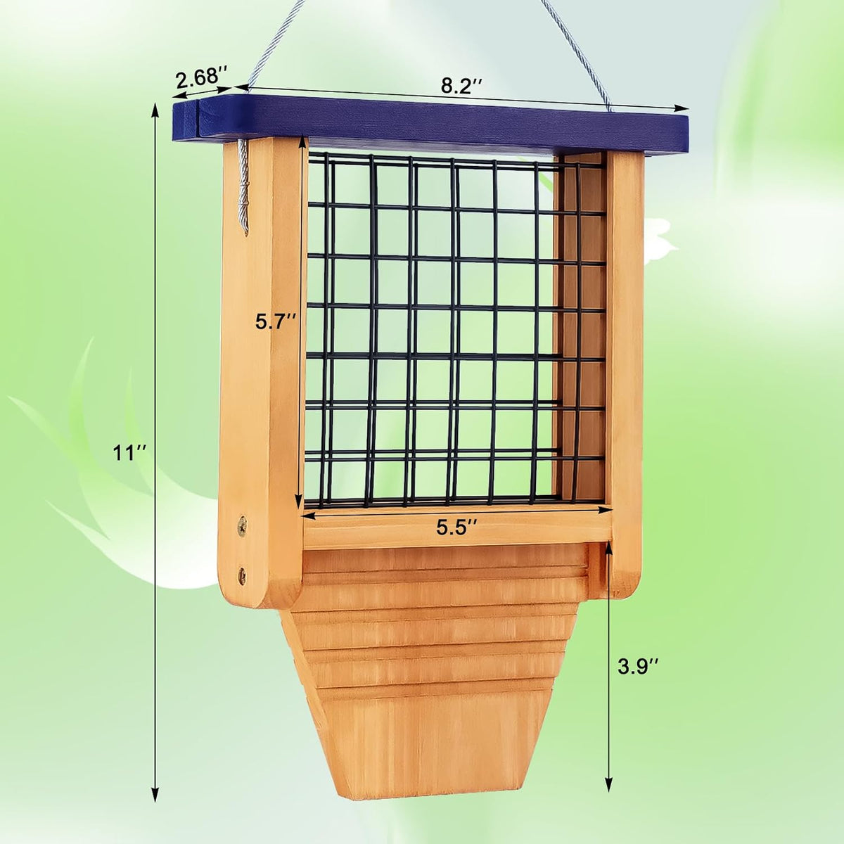 Wooden Suet Feeder with Tail Prop for Outside Hanging, Blue Roof