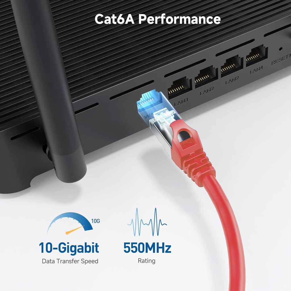 10Gbps Snagless Shielded Cat 6A Ethernet Cable, 50ft, Red | S/FTP Shielded, 26 AWG Bare Copper, 550MHz Bandwidth