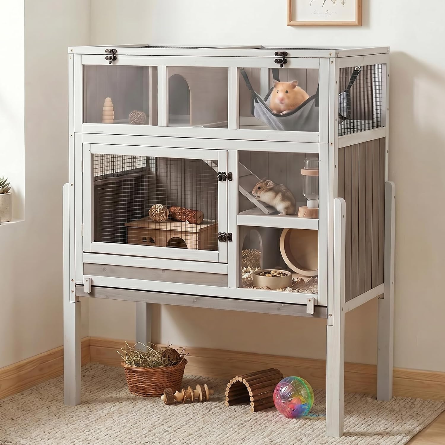3-Story Guinea Pig Cage with Stand, Wooden Indoor Habitat | Chew-Resistant Edges, Pull-Out Cleaning Tray, Open Roof