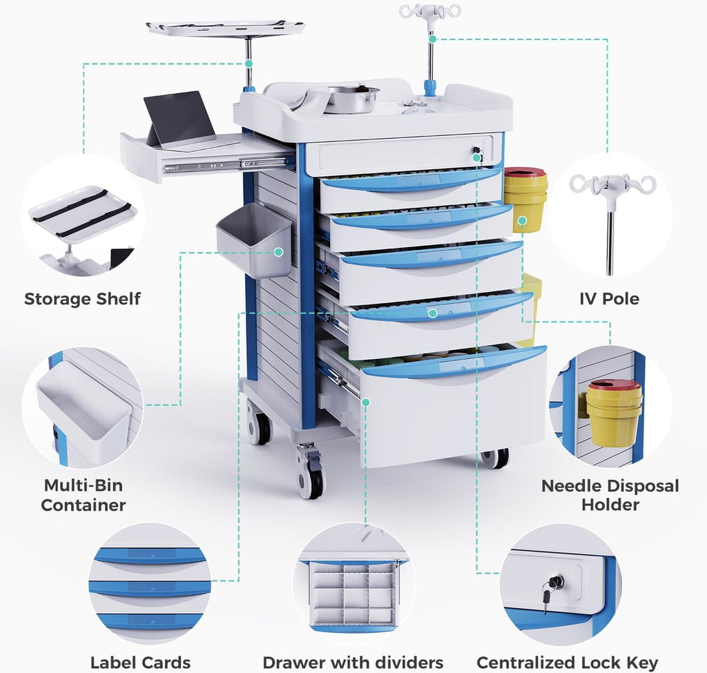 Adjustable Rolling Medical Storage Crash Cart-Includes Silent Casters | IV Pole, Needle Disposal Holder, Trash Bin &