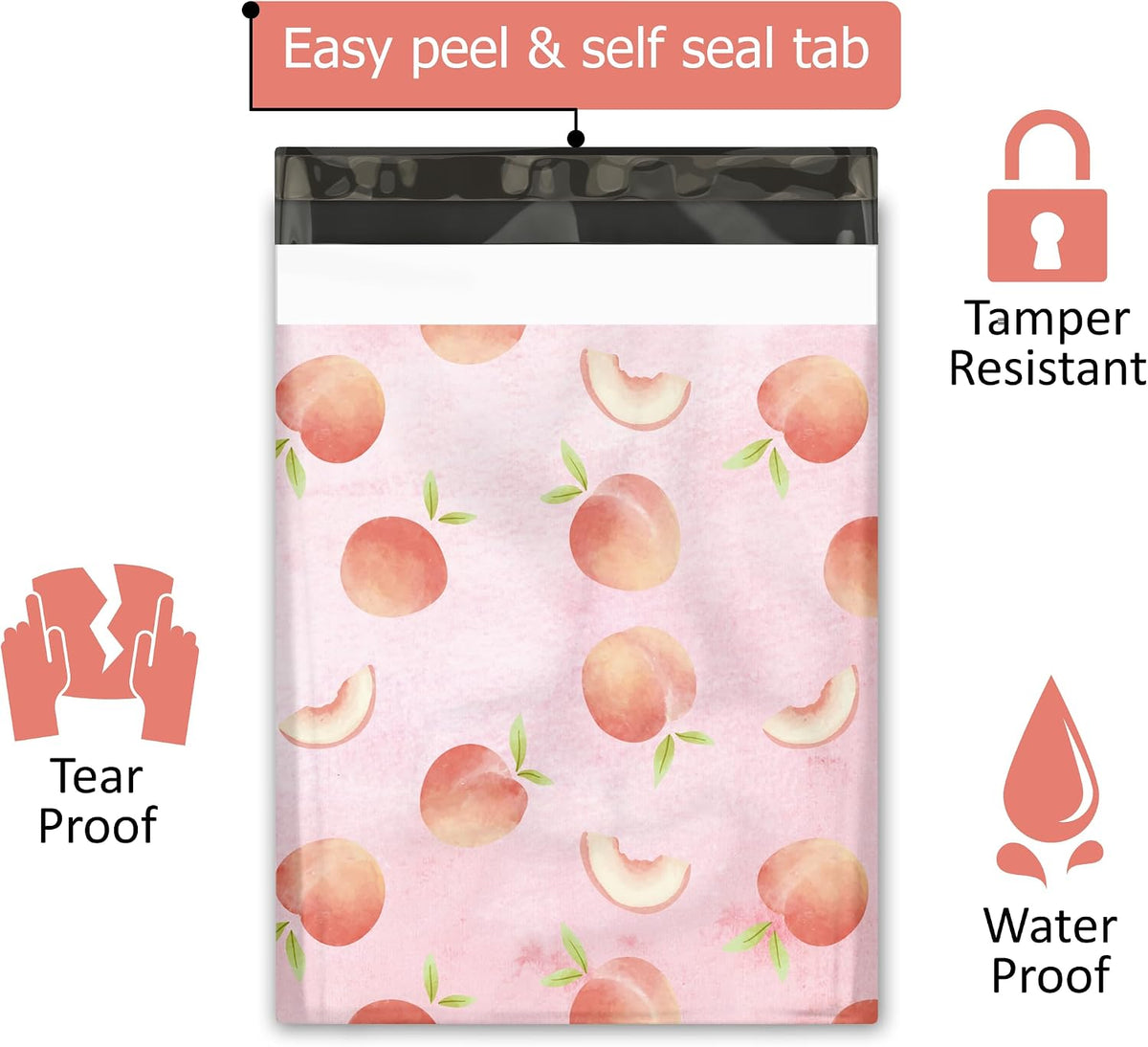 10x13 (100) Peaches Designer Poly Mailers Waterproof Self Sealing Tear Resistant Polymailers Shipping Envelopes