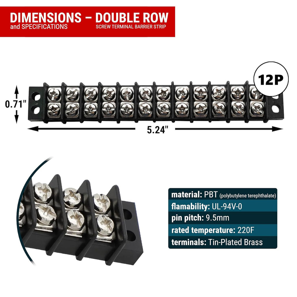 MGI SpeedWare 12 Circuit Double Screw Terminal Junction Block 300V/20A, Row Barrier Strip (2-Pack)