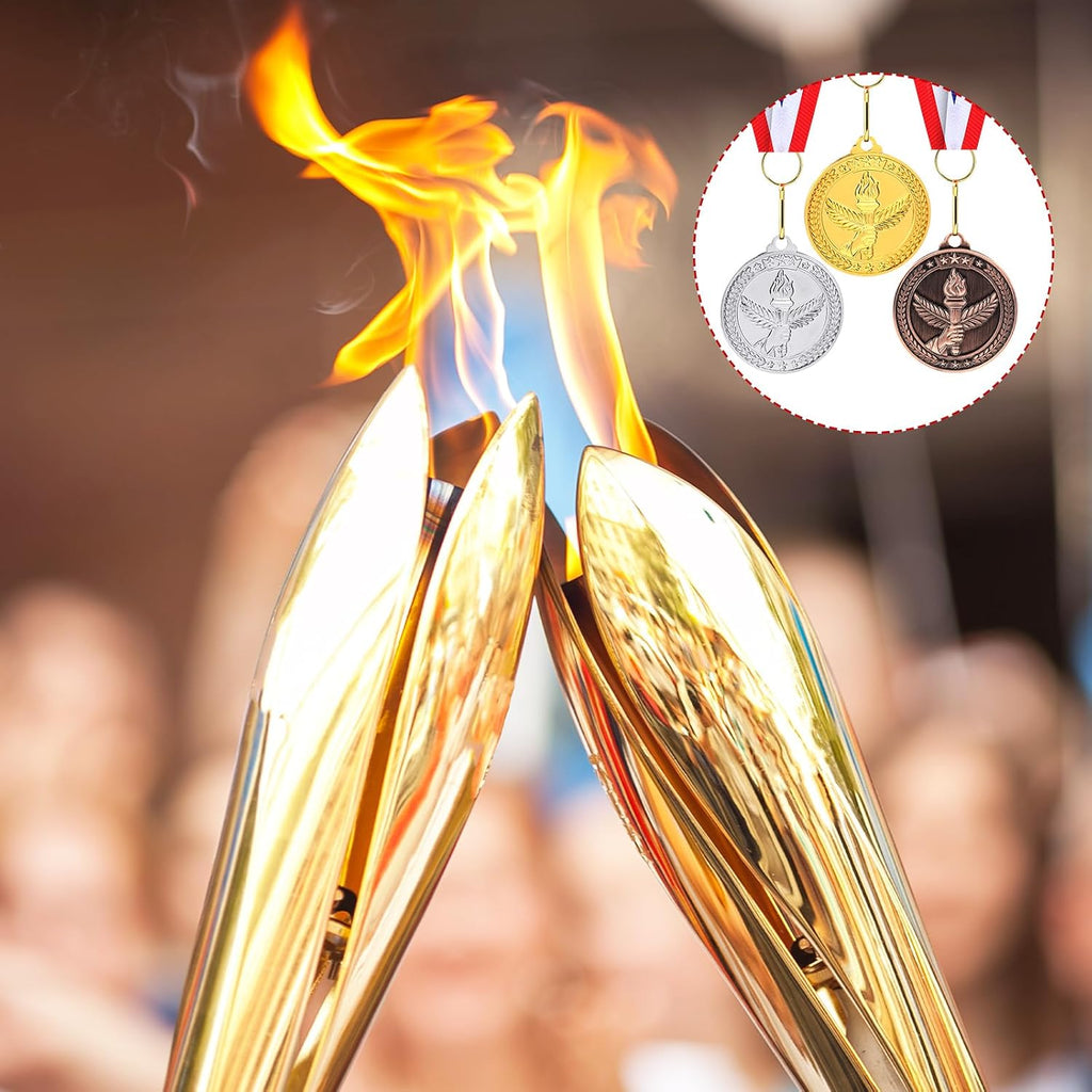 Gold Silver Bronze Medals Bulk, 2" Torch Award Medals | Winner Awards with Neck Ribbon, Metal Gold Silver Bronze