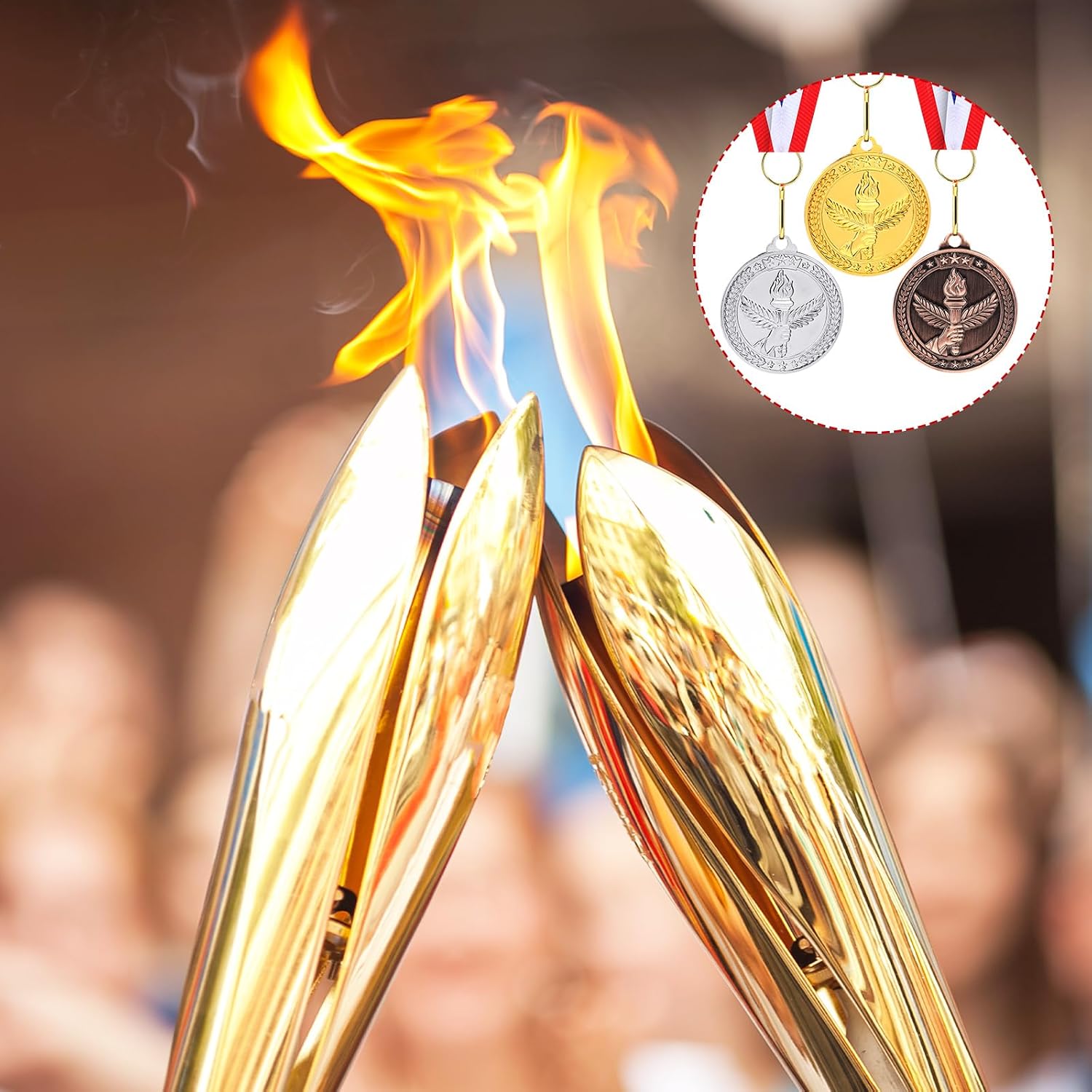 Gold Silver Bronze Medals Bulk, 2" Torch Award Medals | Winner Awards with Neck Ribbon, Metal Gold Silver Bronze