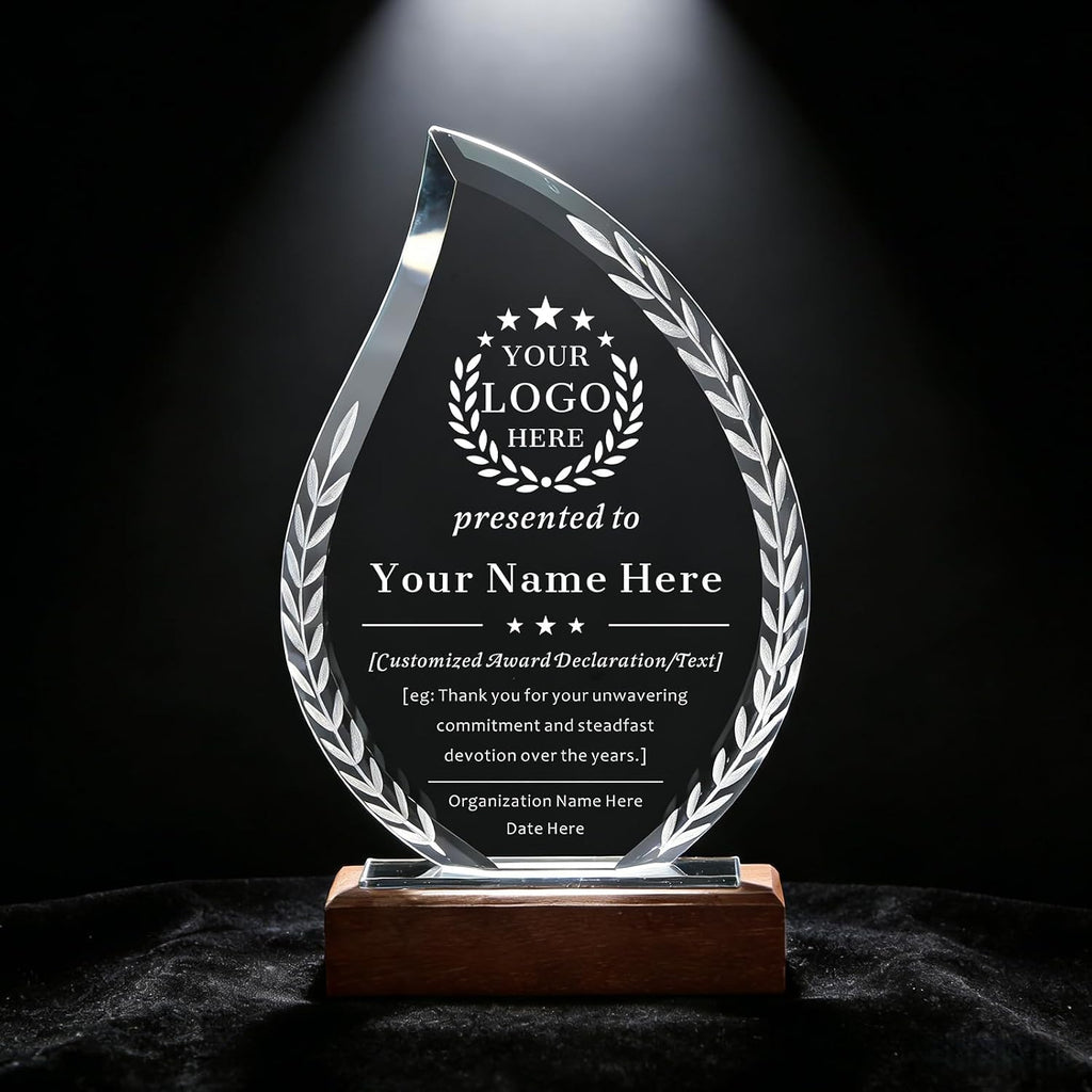 SHIP NEXT DAY, Personalized Crystal Award Trophy - Custom with Company Logo Text & Employee Name, Engraved Award for