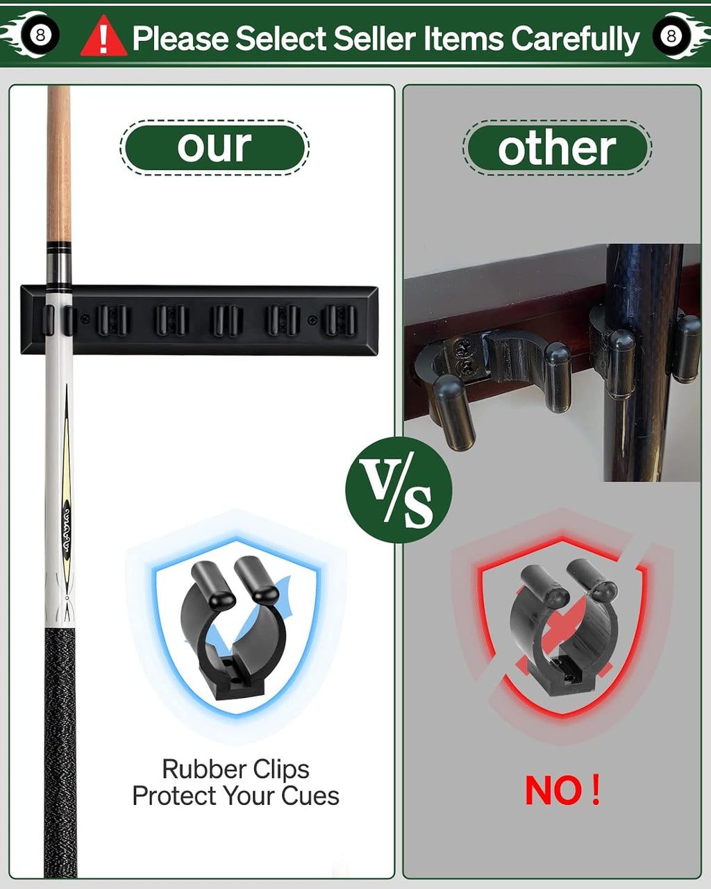 Wall Mount Pool Stick Holder - Billiards Pool Cue Rack Hardwood Pool Cue Set Holder for 6 Cues Sticks Storage Pool