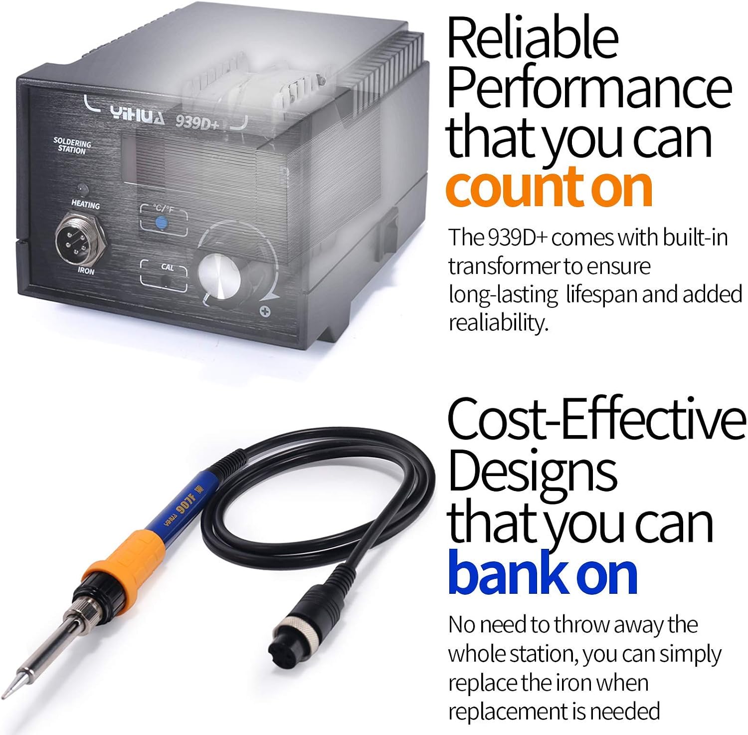 939D+ Digital Soldering Station, 75W Equivalent with Precision Heat Control (392°F to 896°F) and Built-in