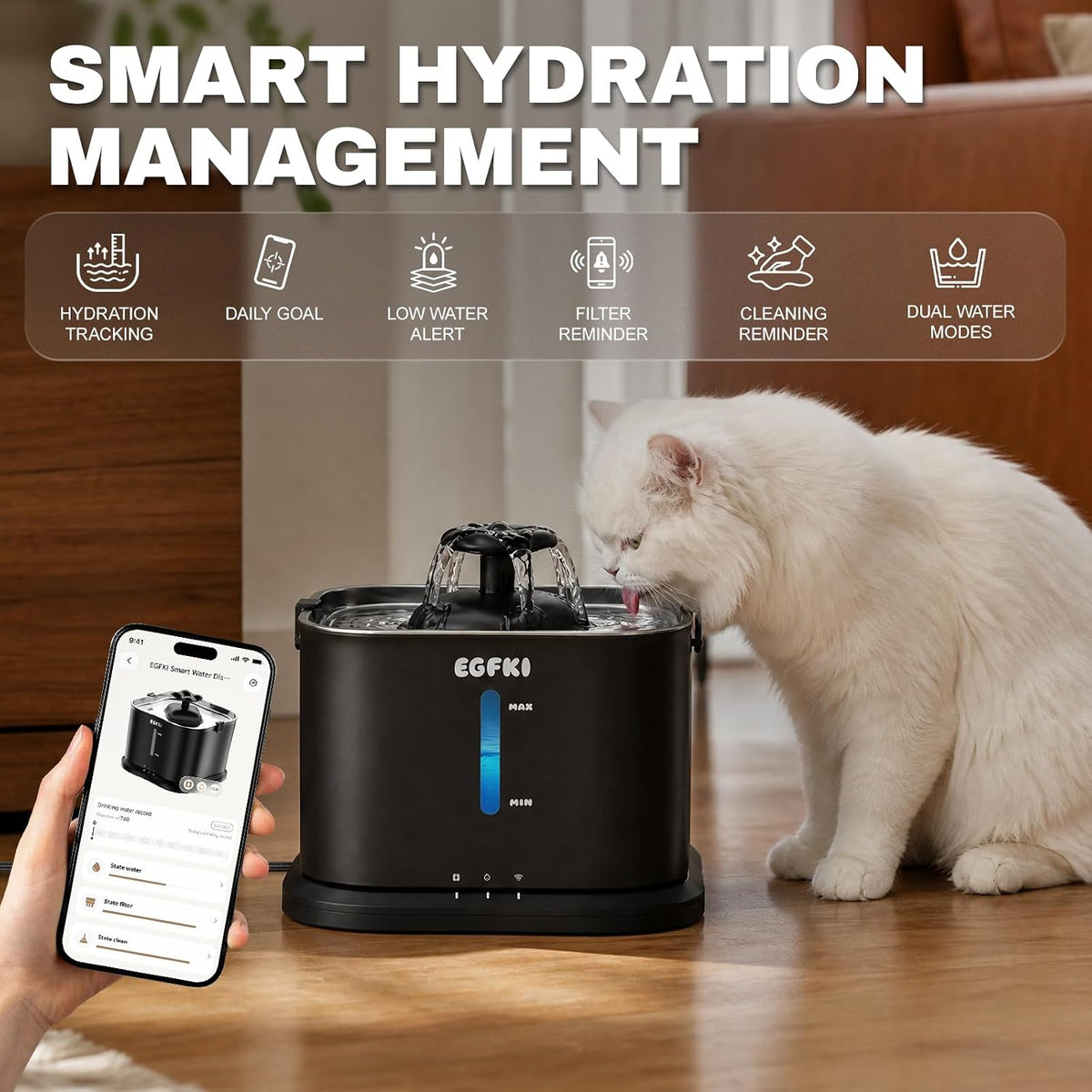 EG-9 Smart Cat Water Fountain, 3.6L/121oz Automatic, App & WiFi