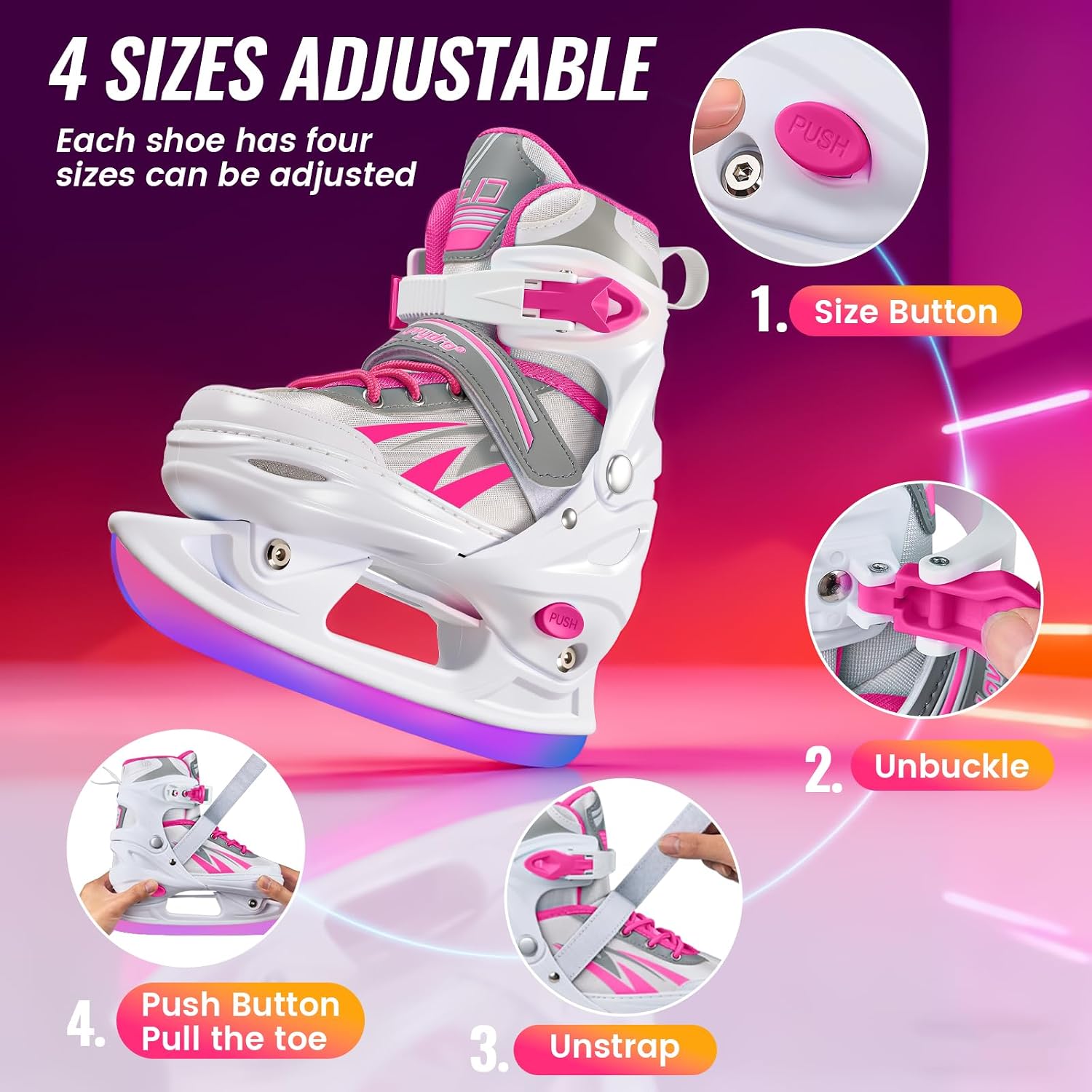 Adjustable Ice Skates for Kids Girls Boys, 4 Size Adjustable Beginner Ice Hockey Skates for Youths Teen, Warm Ice