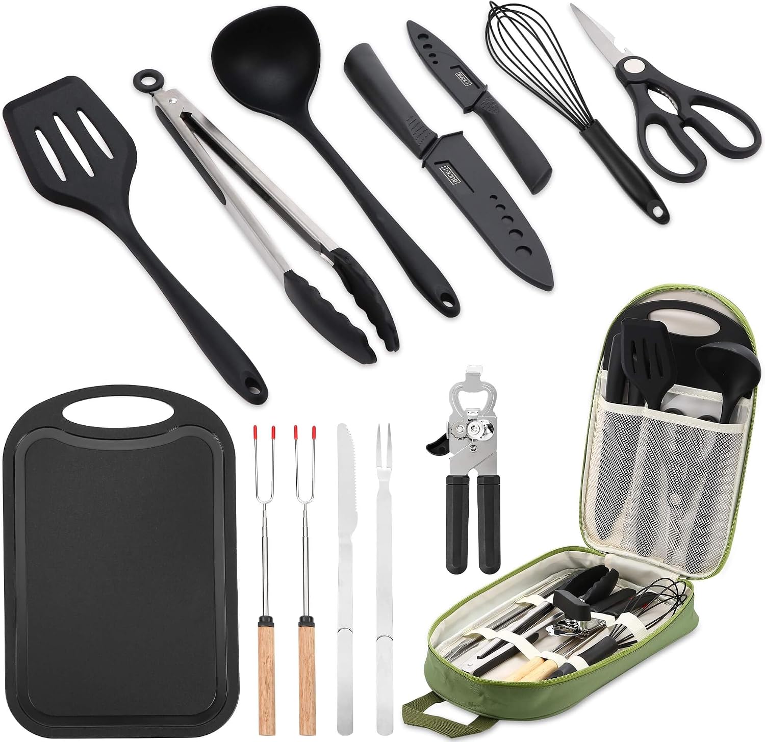 Camping Cooking Utensils Set, Cookware Set for Outdoor Hiking BBQ | Stainless Steel & Silicone Mess Kit, Durable