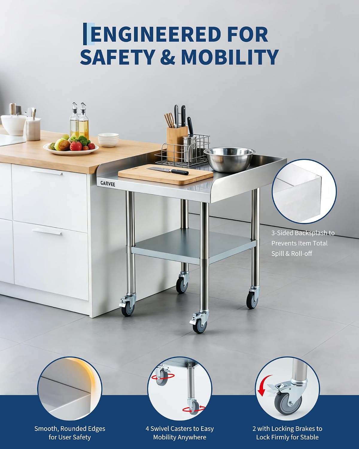 24x36 Inch Stainless Steel Work Table with Wheels, Commercial Prep Table with 3-Sided Backsplash & Height Adjustable