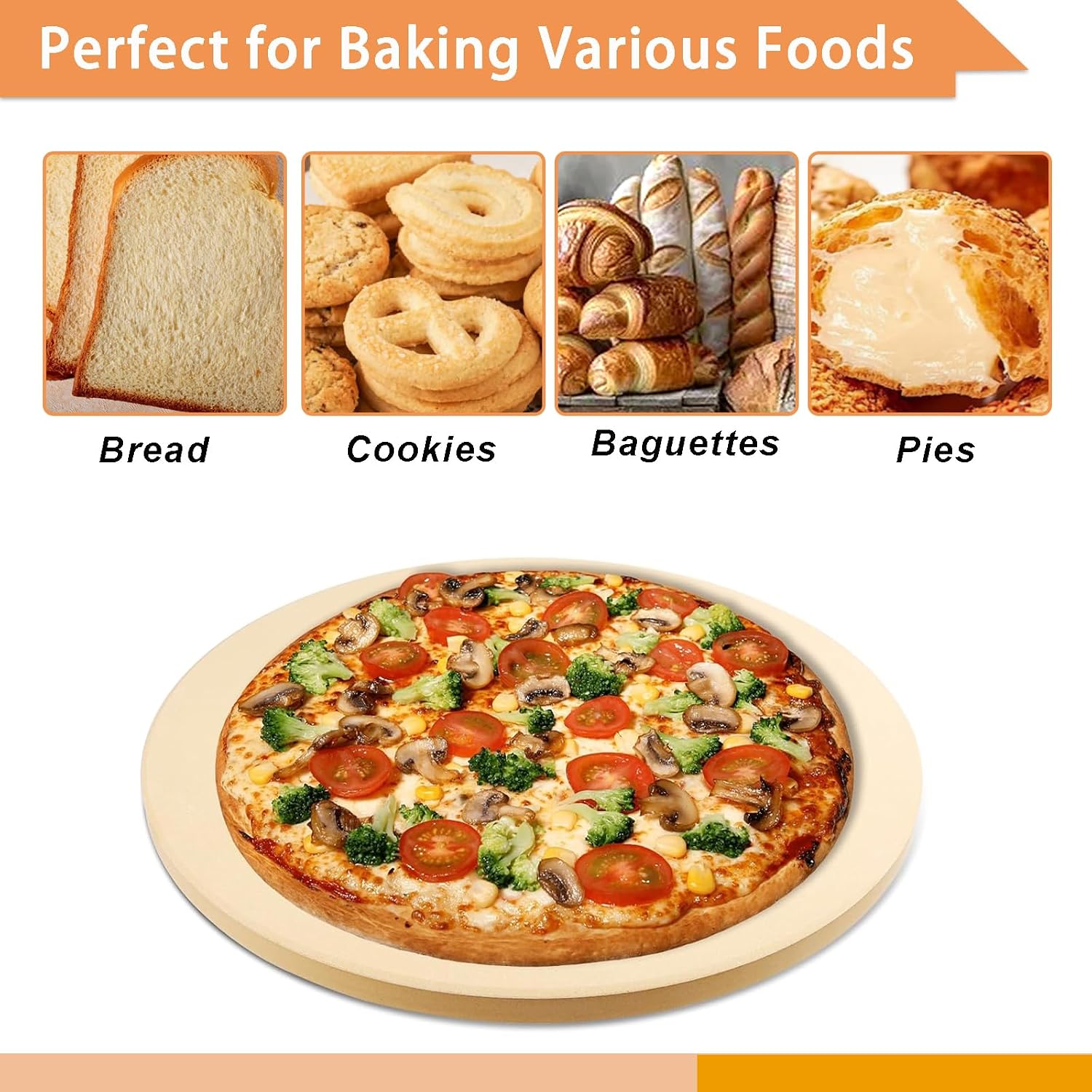 16" Round Pizza Stone, Large Cordierite Bread Baking Stone for Oven, Grill
