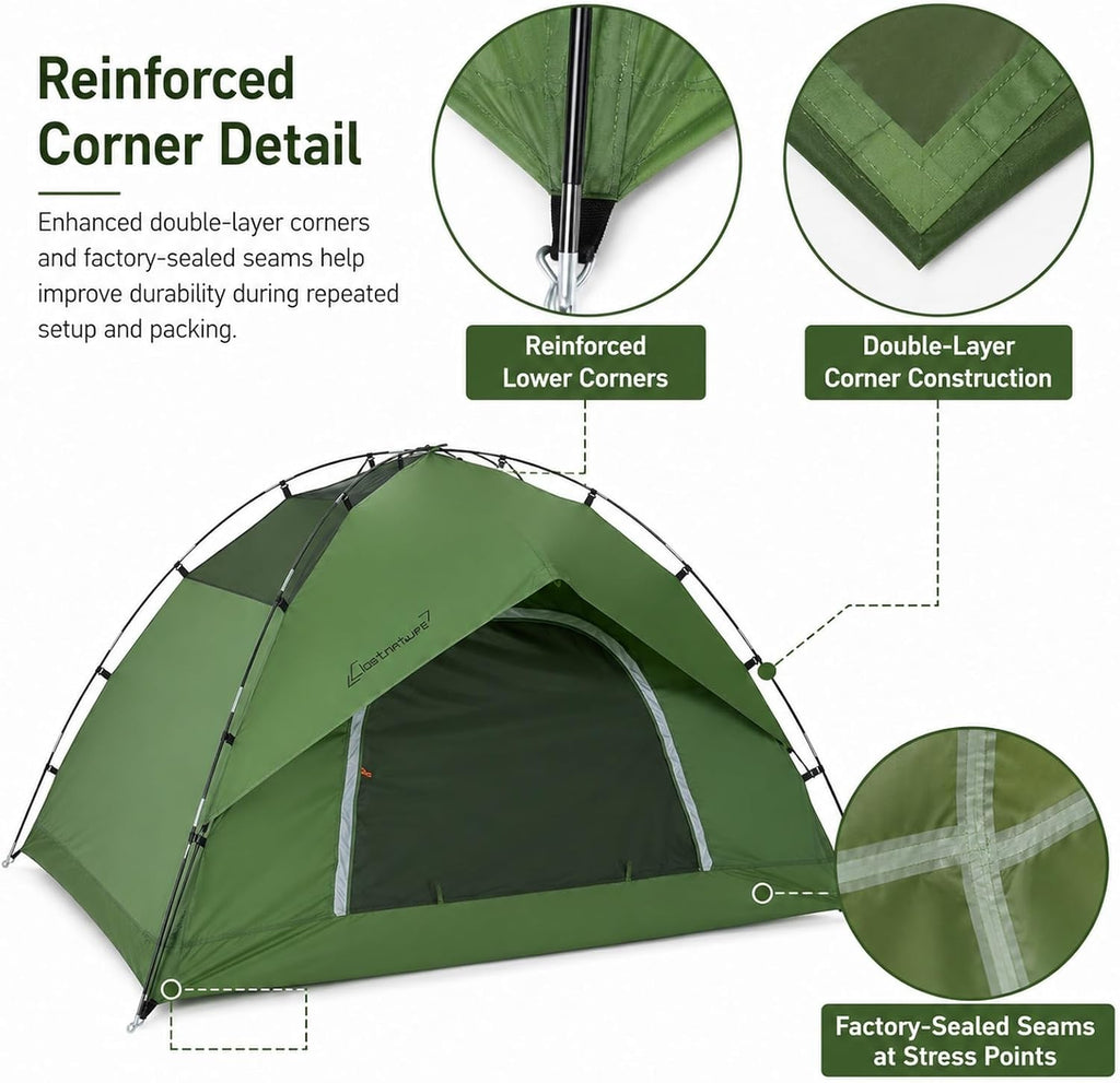 Green Camping Tent for 2 to 3 Person, Portable Outdoor Tent with Carry Bag, Reinforced Sealed Corners for Camping