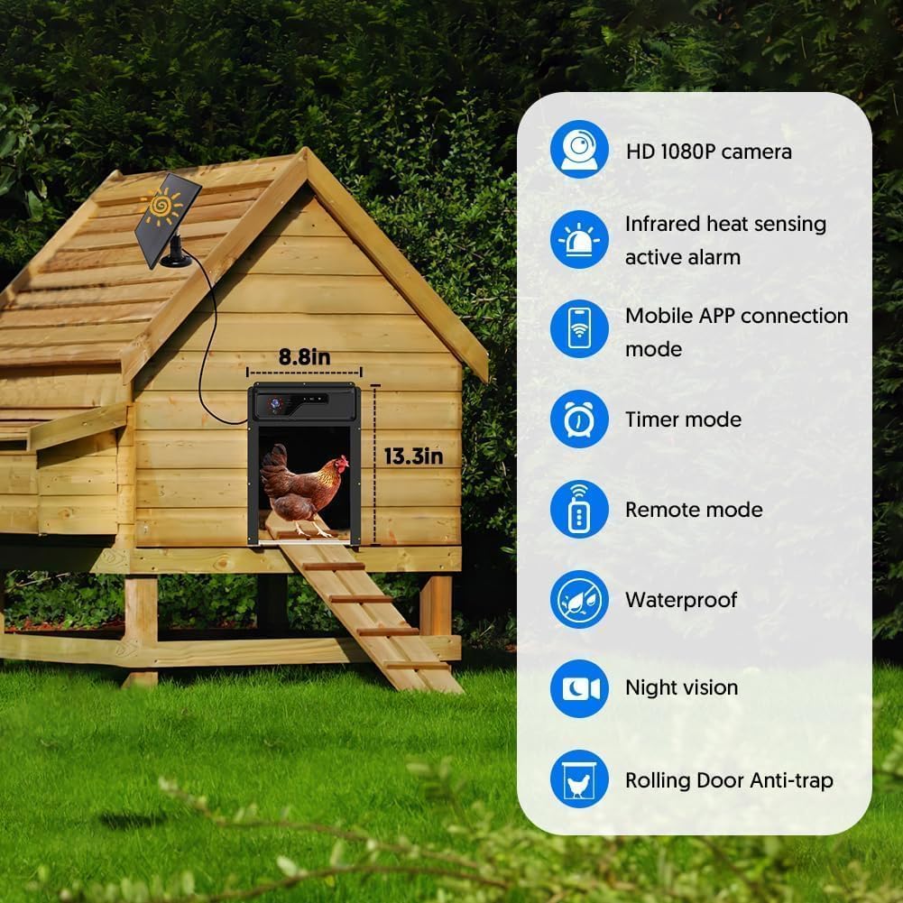 1080P HD Camera Solar Automatic Chicken Coop Door, 5000 mAh Large Battery, Support WiFi, APP Remote Viewing and
