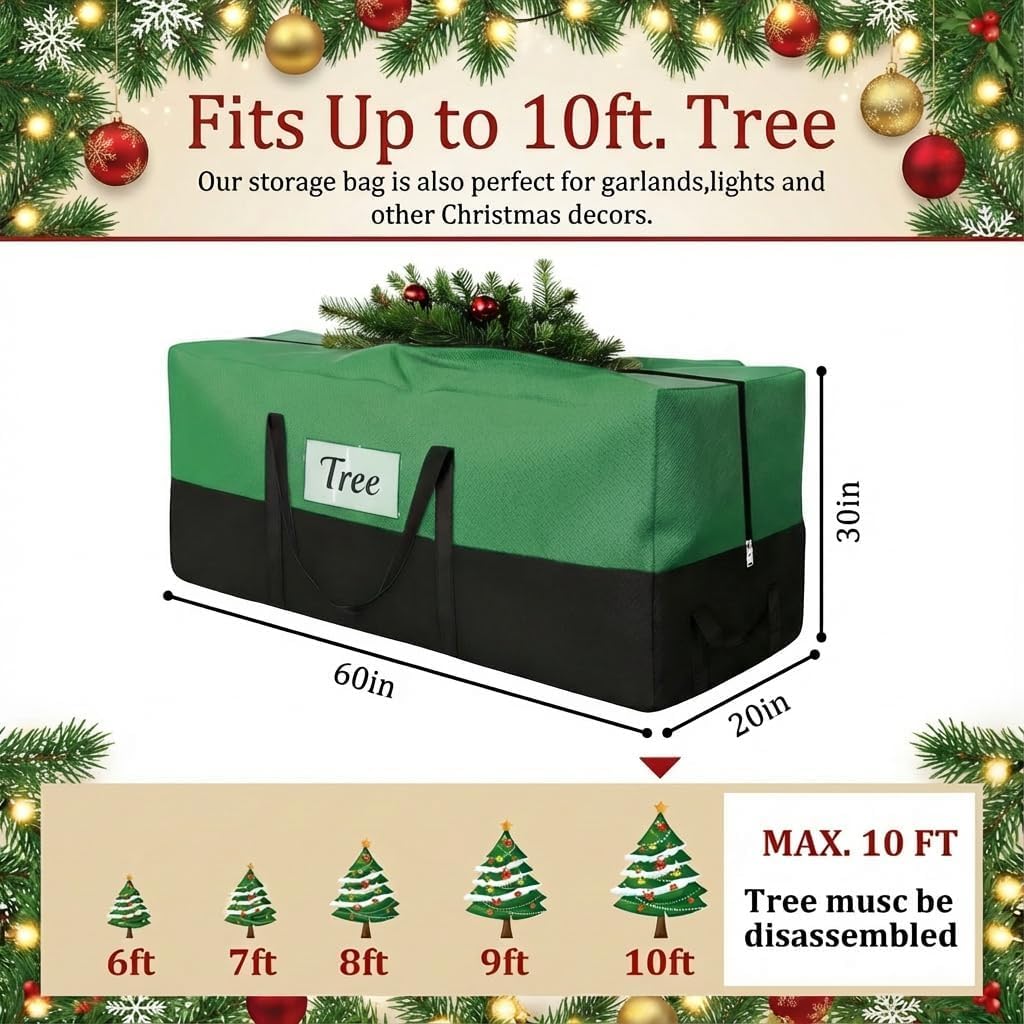 Christmas Tree Storage Bag, Fits 10-12 Ft Artificial Trees, Green | Wide Dual-Zipper Opening, Reinforced Handles