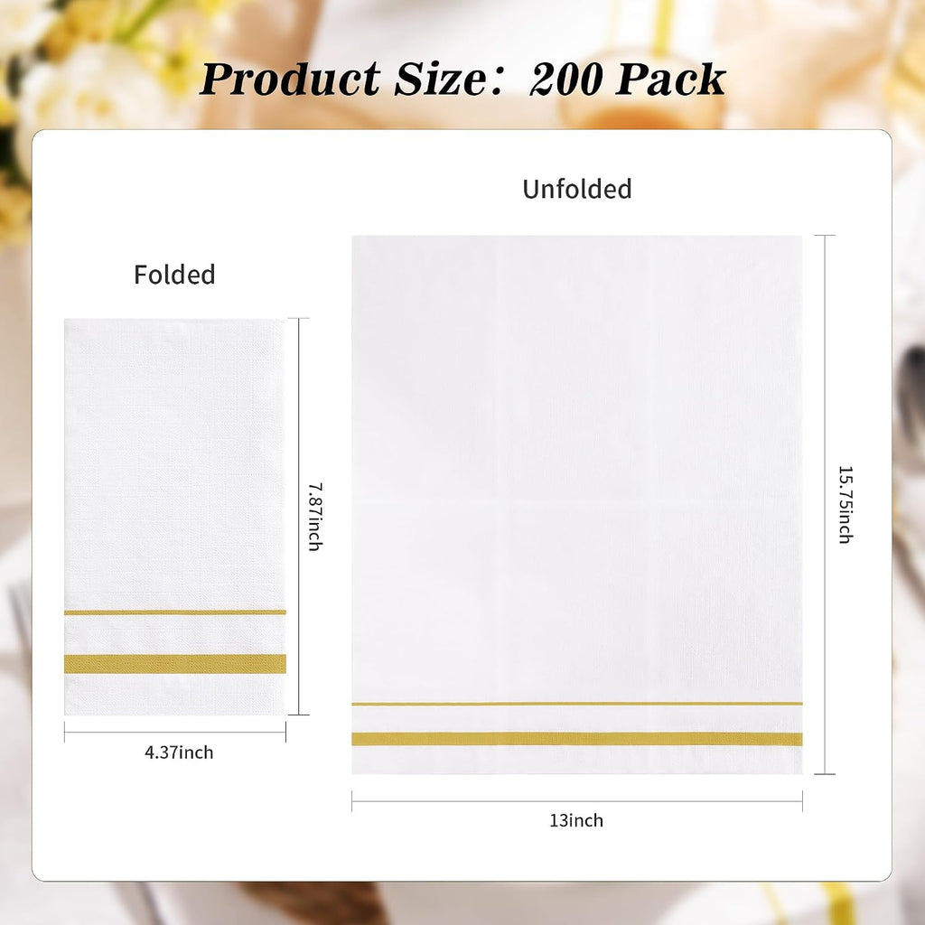 200 Pack Disposable Paper Napkins, White & Gold Trim Dinner Napkins