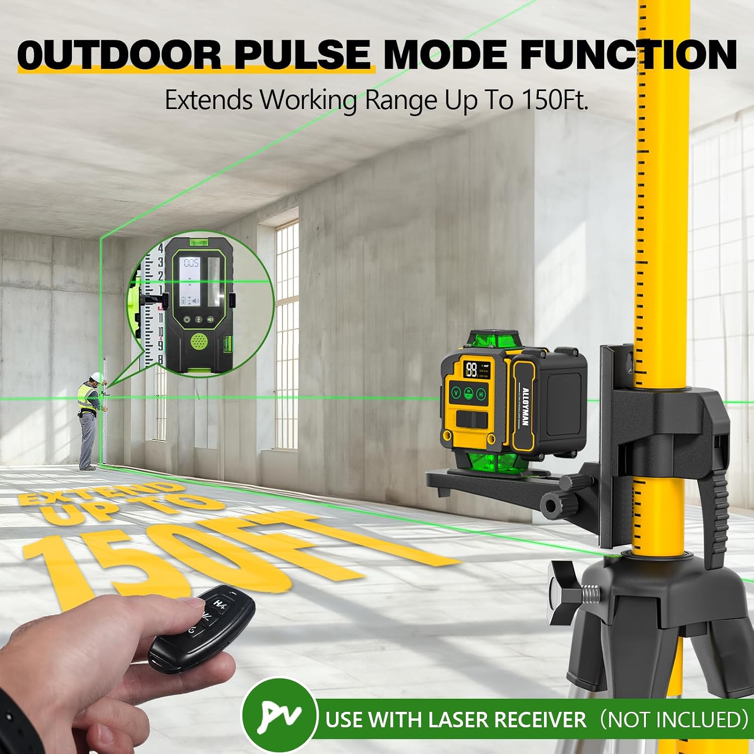 4x360°Self Leveling Laser Level, 12 Ft./3.7M Professional Laser Level Pole with Tripod, Green Line Lazer Leveler Tool
