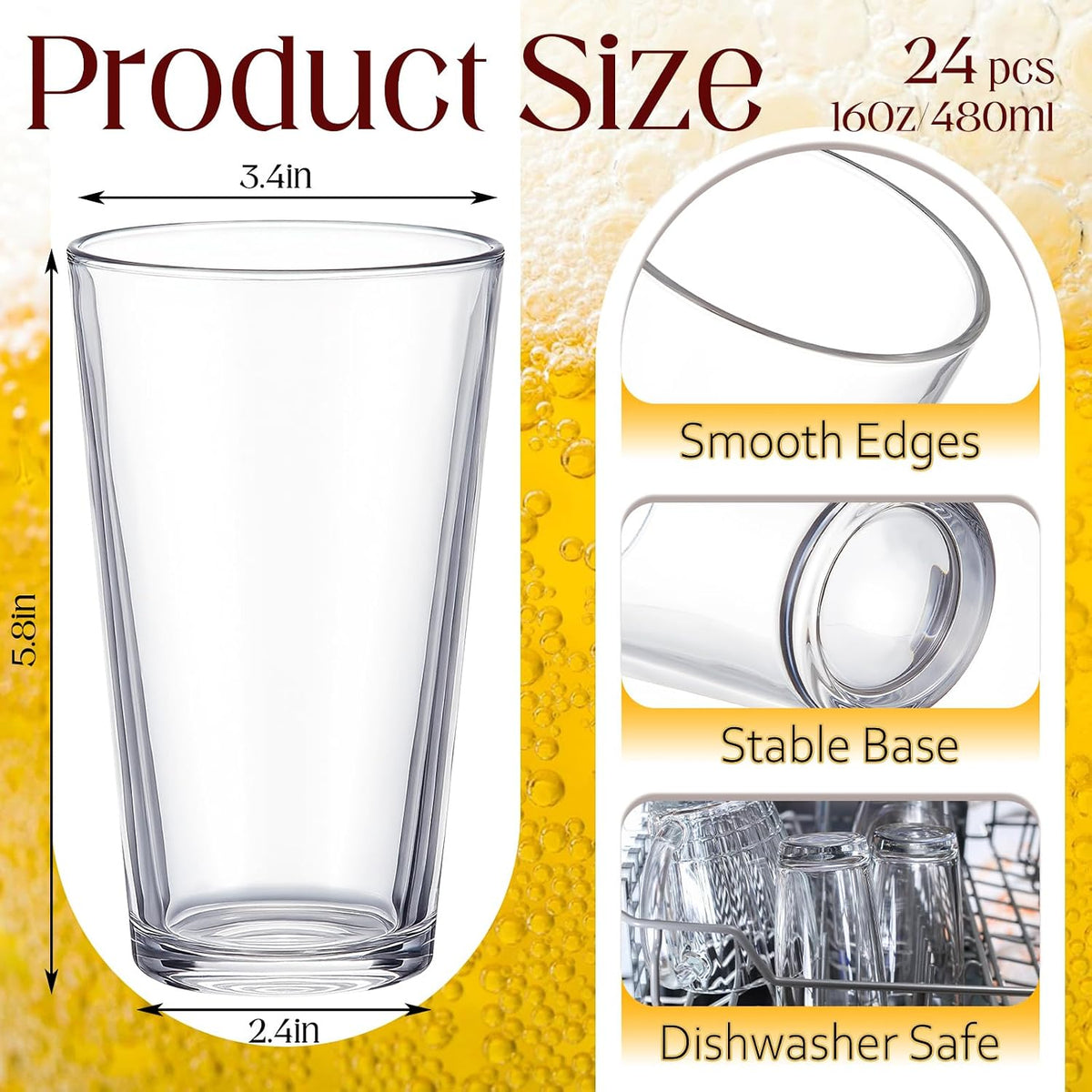 16 oz Pint Glasses Set of 24 Bar Glasses Drinking