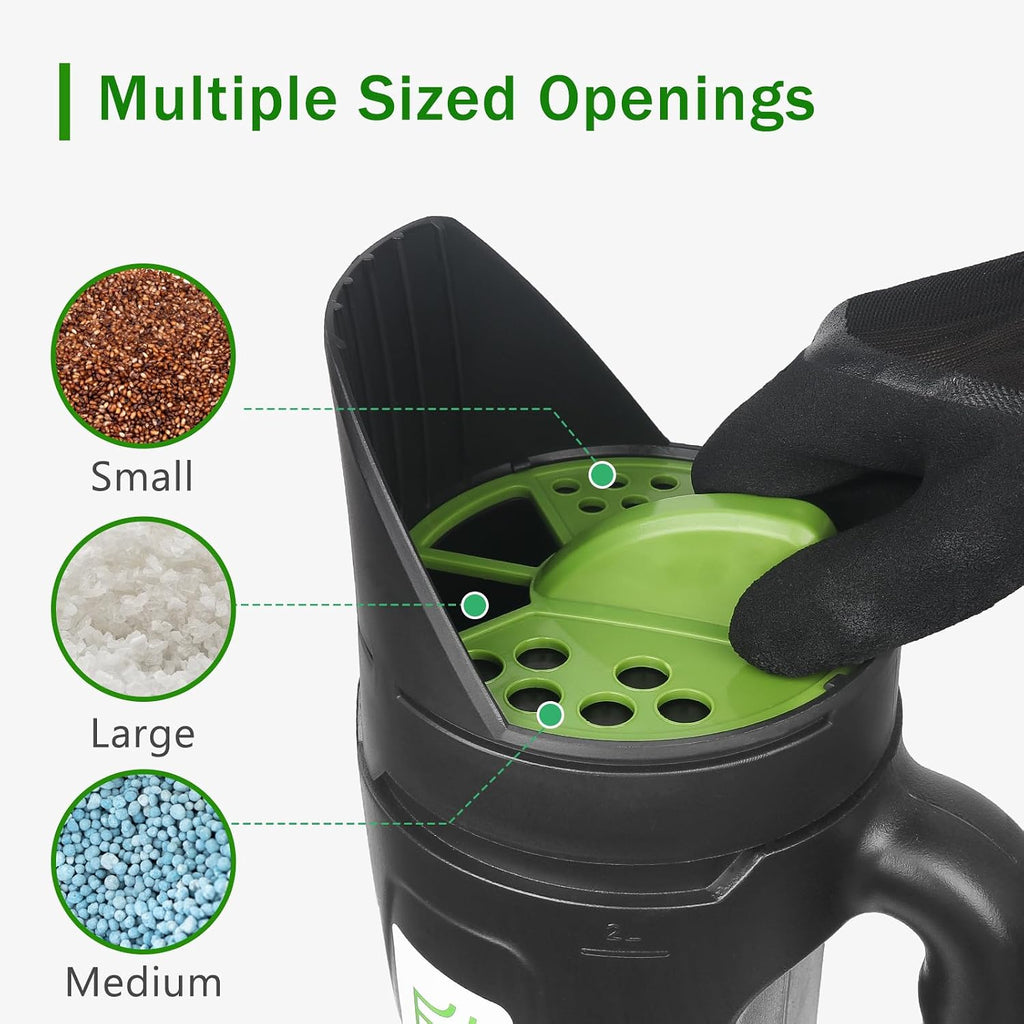 Hand held Spreader, Seed Spreader for Ice Melt, Grass Seed, Fertilizer Lawn and Garden. Multiple Adjustable Opening
