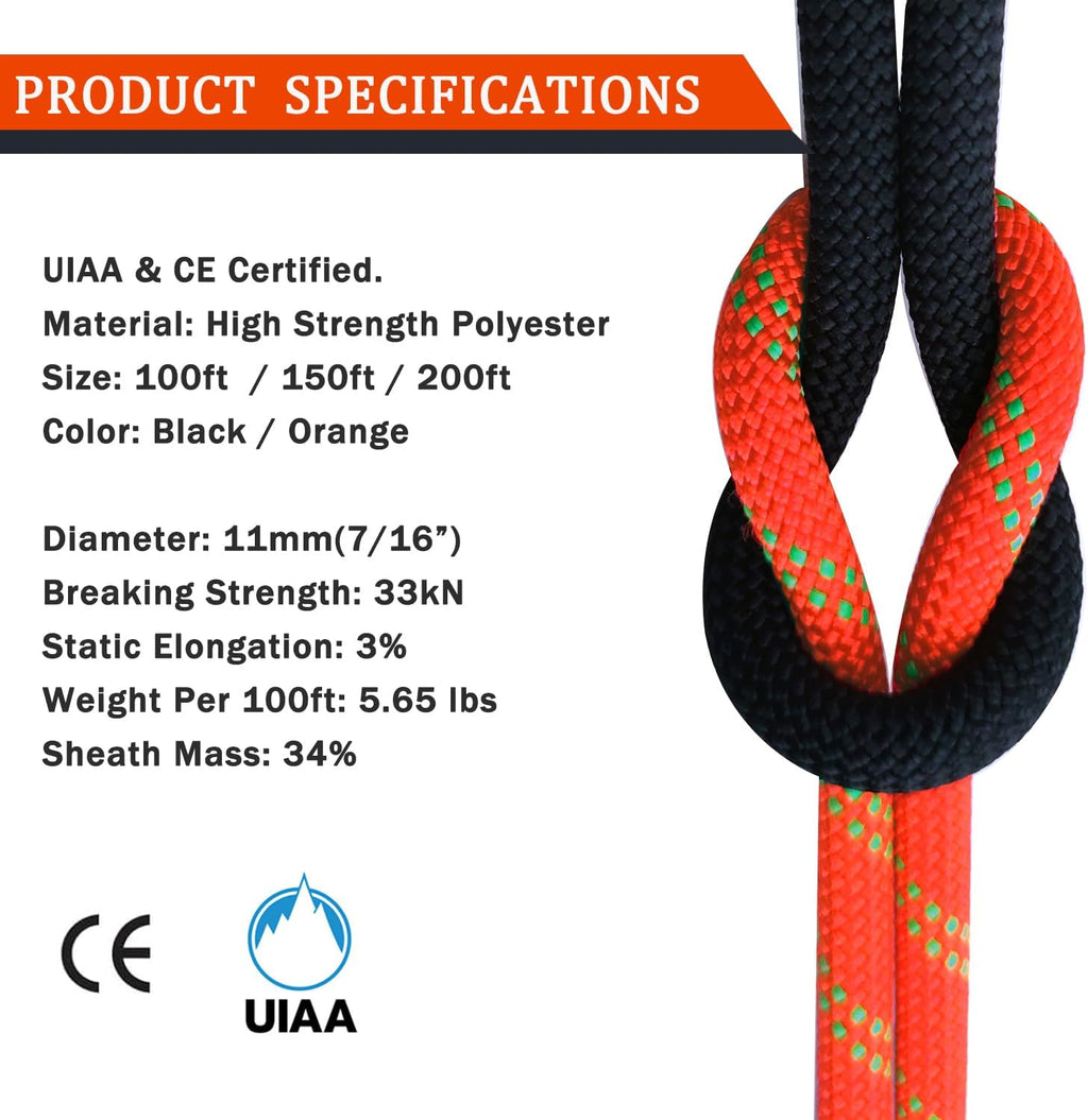 Ritafc Climbing Static Rope UIAA Rappelling Rope 11mm 100FT Static Line Nylon Kern Mantle Rope for Rock Climbe