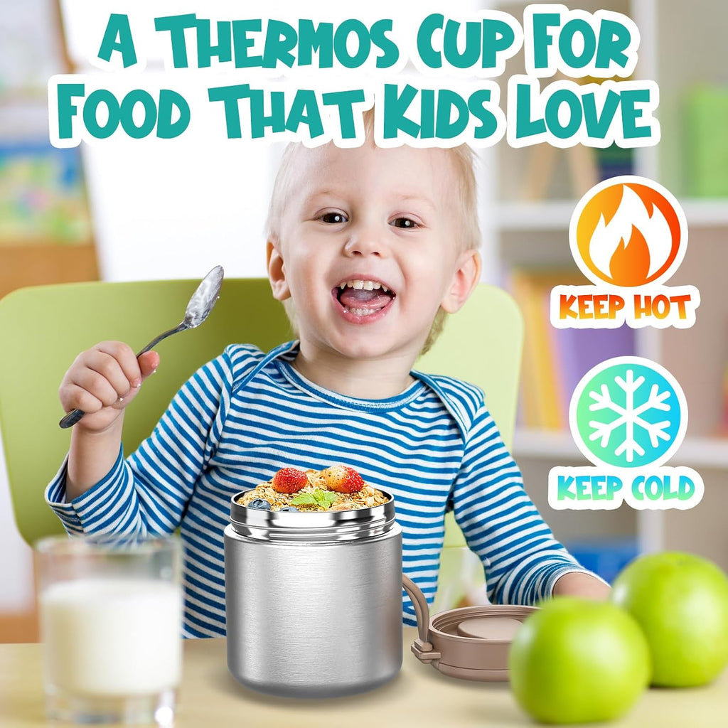 Thermo for Hot Food Kids - 15.2oz with Folding Spoon and Silicone handle | Leak Proof Insulated Food Jar, Soup