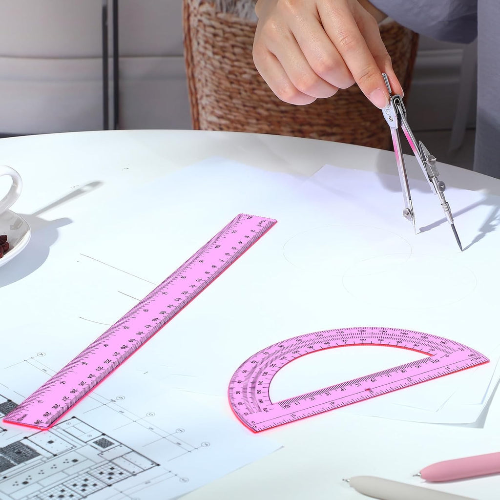 3 Pcs Plastic Ruler 6 Inch Protractor Drawing Compass Set, Student Geometry Math Transparent Measuring Tools for Home