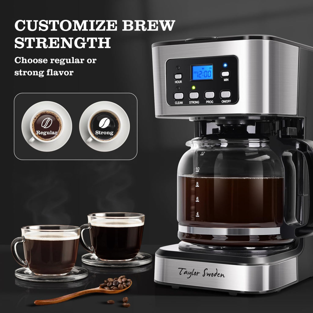 12-Cup Programmable Coffee Maker, Black & Stainless Steel | Regular & Strong Brew Drip Coffee Machine for Home and