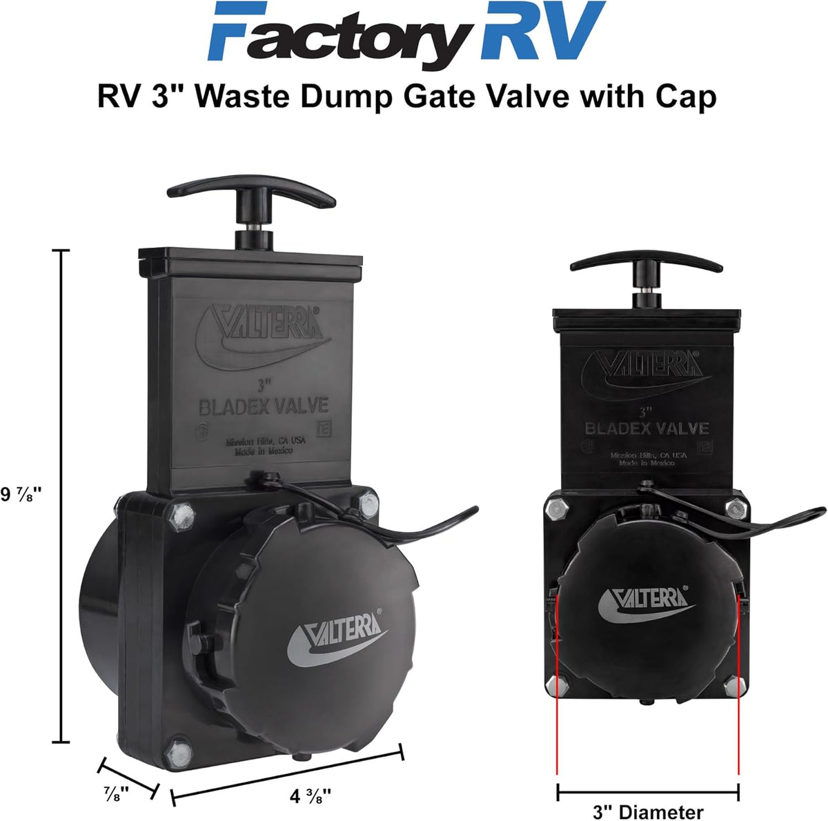 Valterra 3" Stainless Steel RV Waste Dump Gate Valve w/Cap (1)