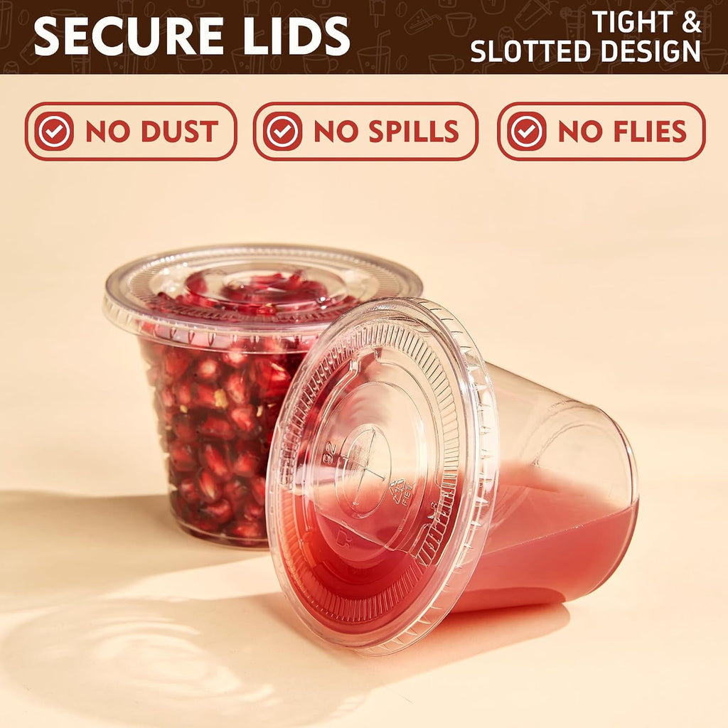9 oz 50 Pack Clear Plastic Cups with Flat Lids, Disposable Cups With Straw Slot Lids for Cold Drinks