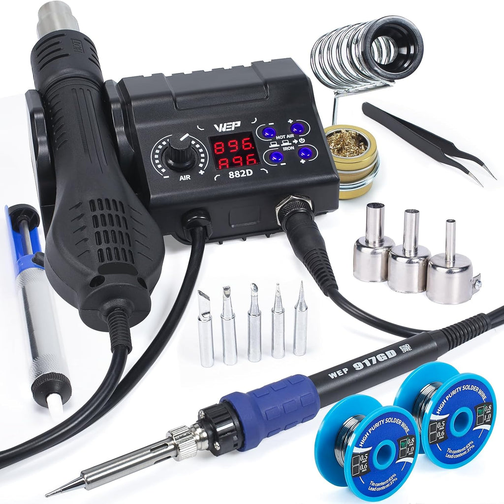 882D Soldering Iron Station 2-IN-1 SMD Hot Air Rework Station with 2 Spools of Solder Wire, 5 Soldering Tips, 3 Hot