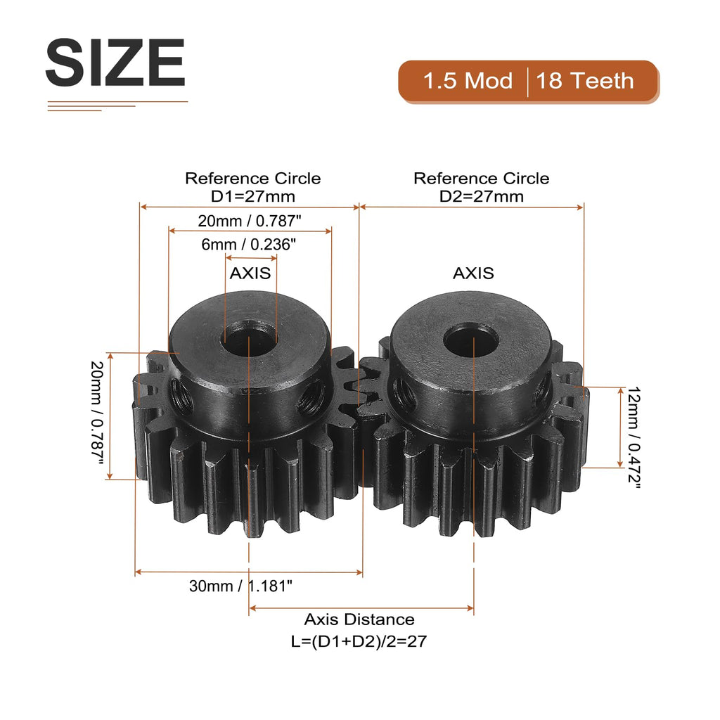 DTGN Spur Gear 1.5Mod 18 Teeth 12mm Thickness 6mm Bore 2Pcs