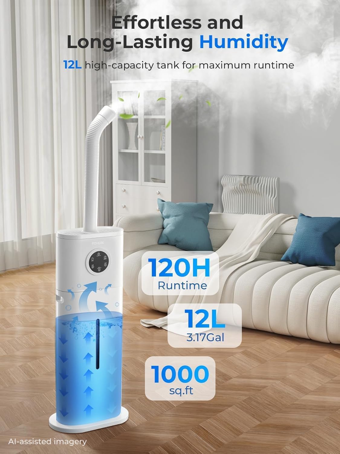 12L Humidifier for Large Room 1000ft², 120H Runtime, 1000ml/h Mist | Smart Humidity Control, Top Fill, Remote & 24H