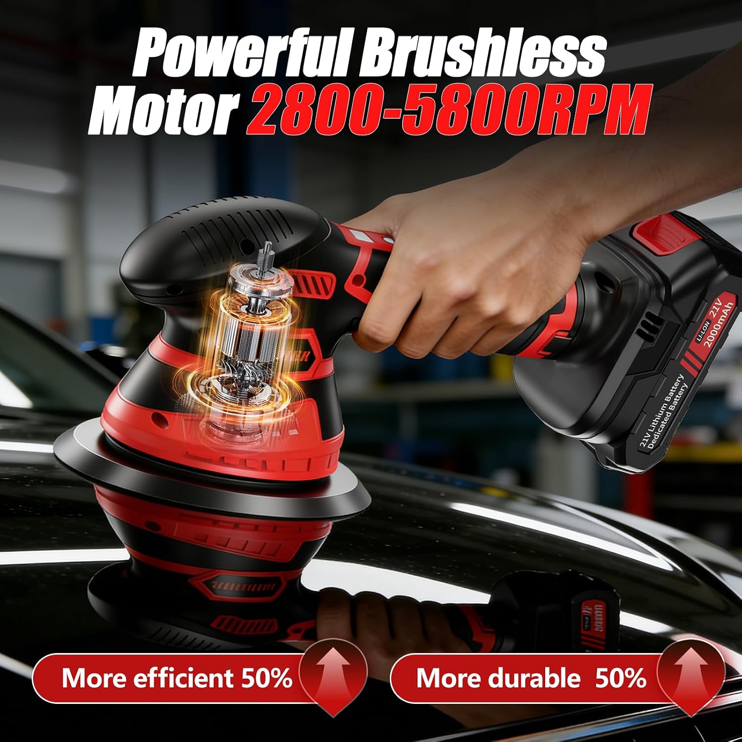 Cordless Car Buffer Polisher, 6-Speed Orbital (5500RPM) DA Polisher with 2x 21V 2000mAh Batteries, 6 Inch Lightweight