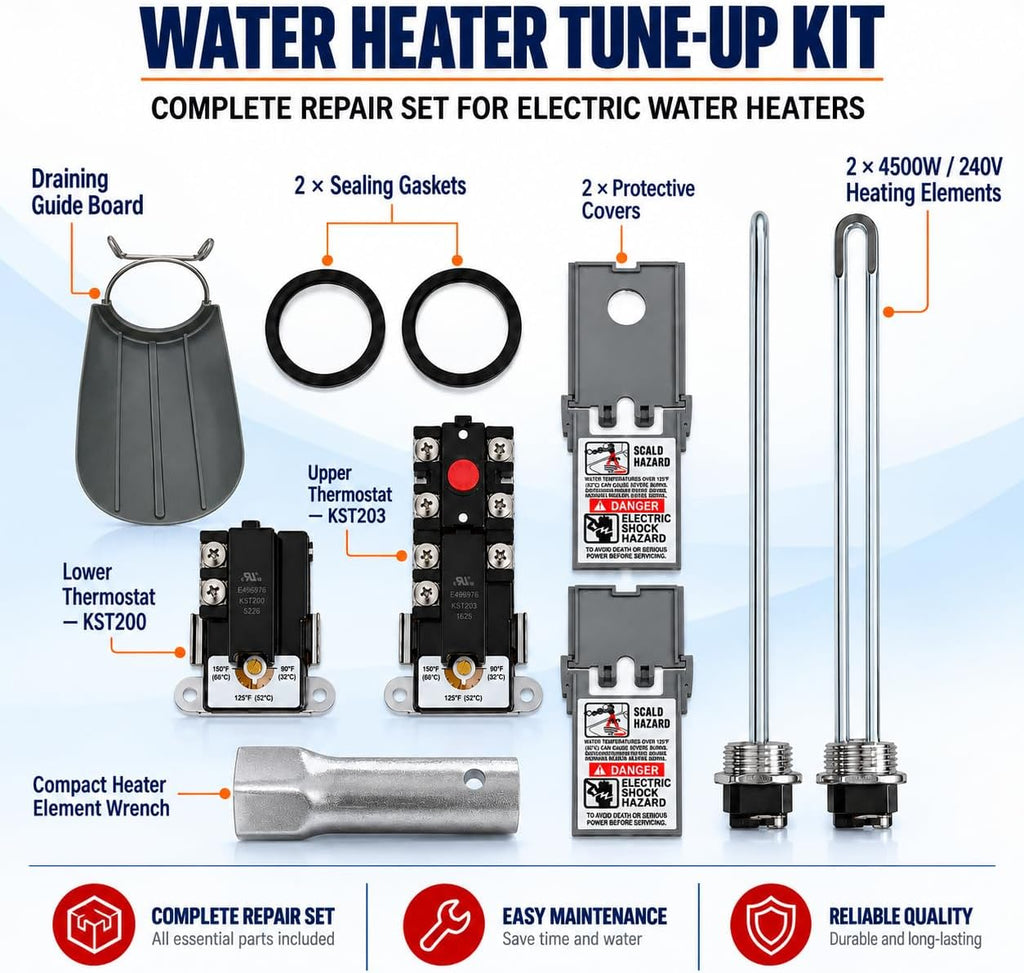 4500W 240V Electric Water Heater Tune-Up Kit – Compatible with Rheem, Ruud, A.O. Smith, Bradford White, GE & Kenmore–Includes Heating Elements, Thermostats, Element Wrench, Covers & Quick Change Tool