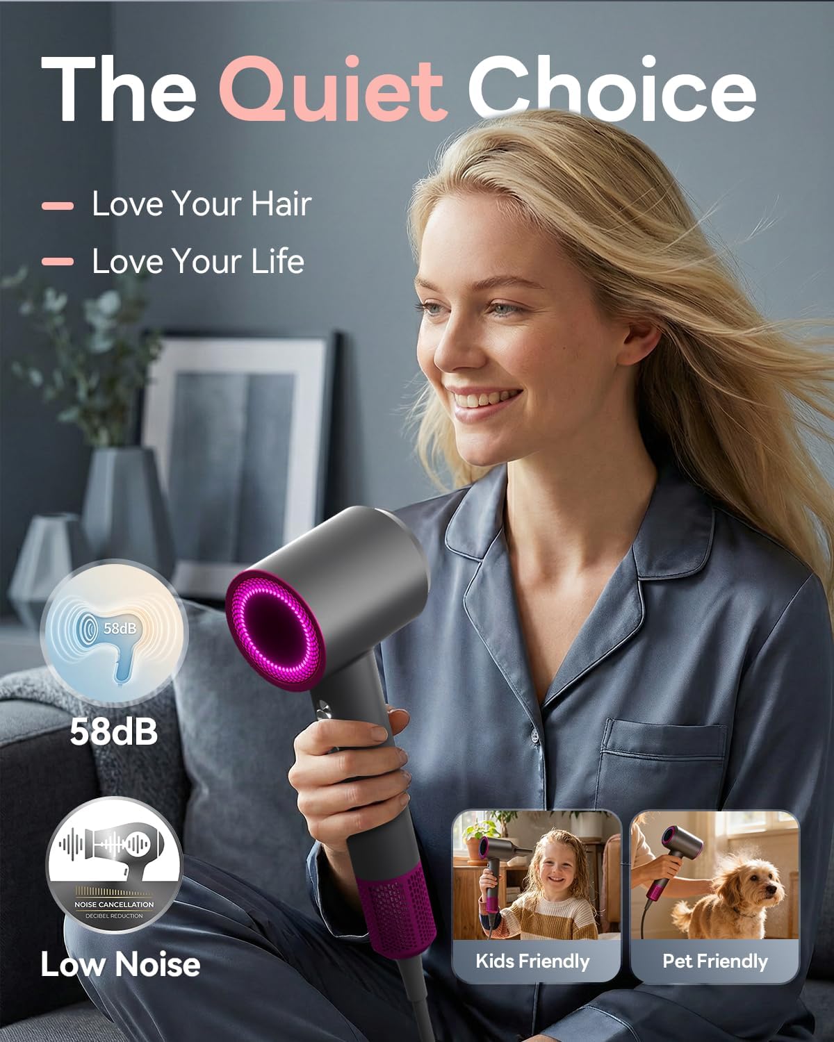 Hair Dryer, 160000RPM Ionic Blow Dryer with Diffuser (Dark Gray) | Fast Drying Motor, 500M Ionic Negative for Reduce