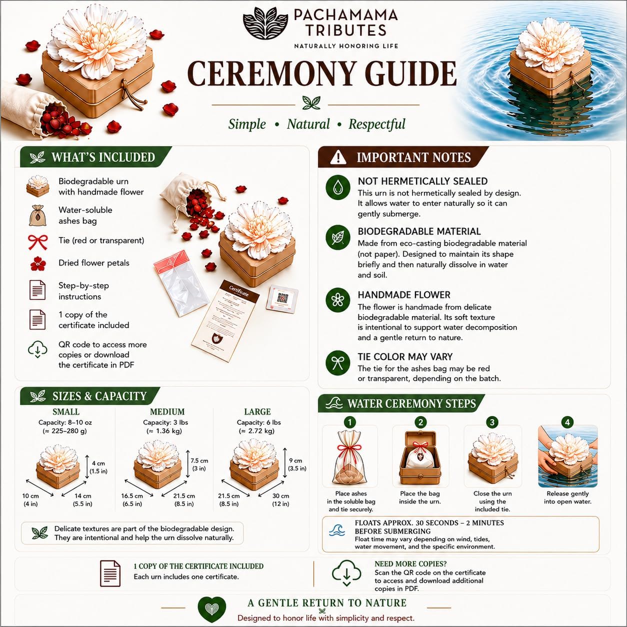 Biodegradable Water Burial Urn Kit - Cruise Approved | Ocean Ashes Scattering Ceremony with Certificate |