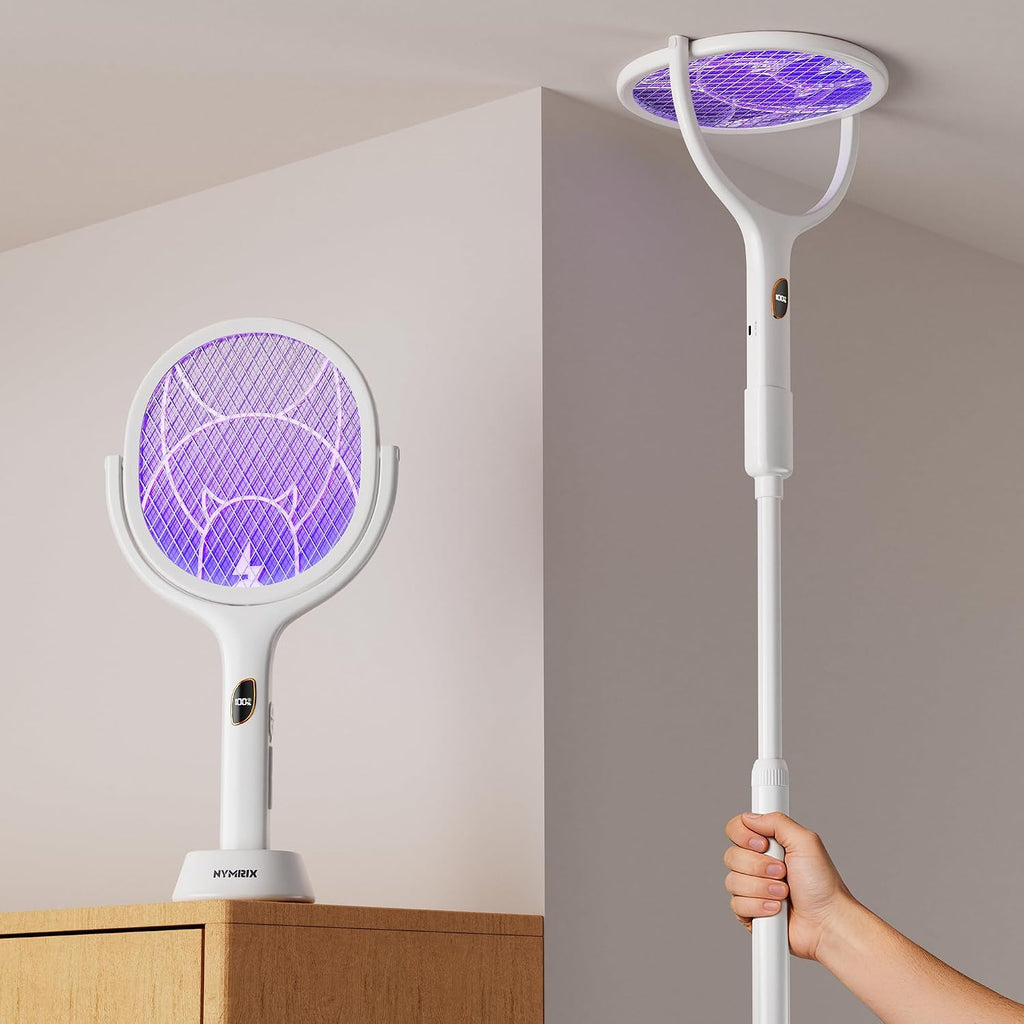 Electric Fly Swatter Racket with Rotating Head & Telescopic Handle | 2-in-1 Bug Zapper, 4100V Rechargeable Mosquito