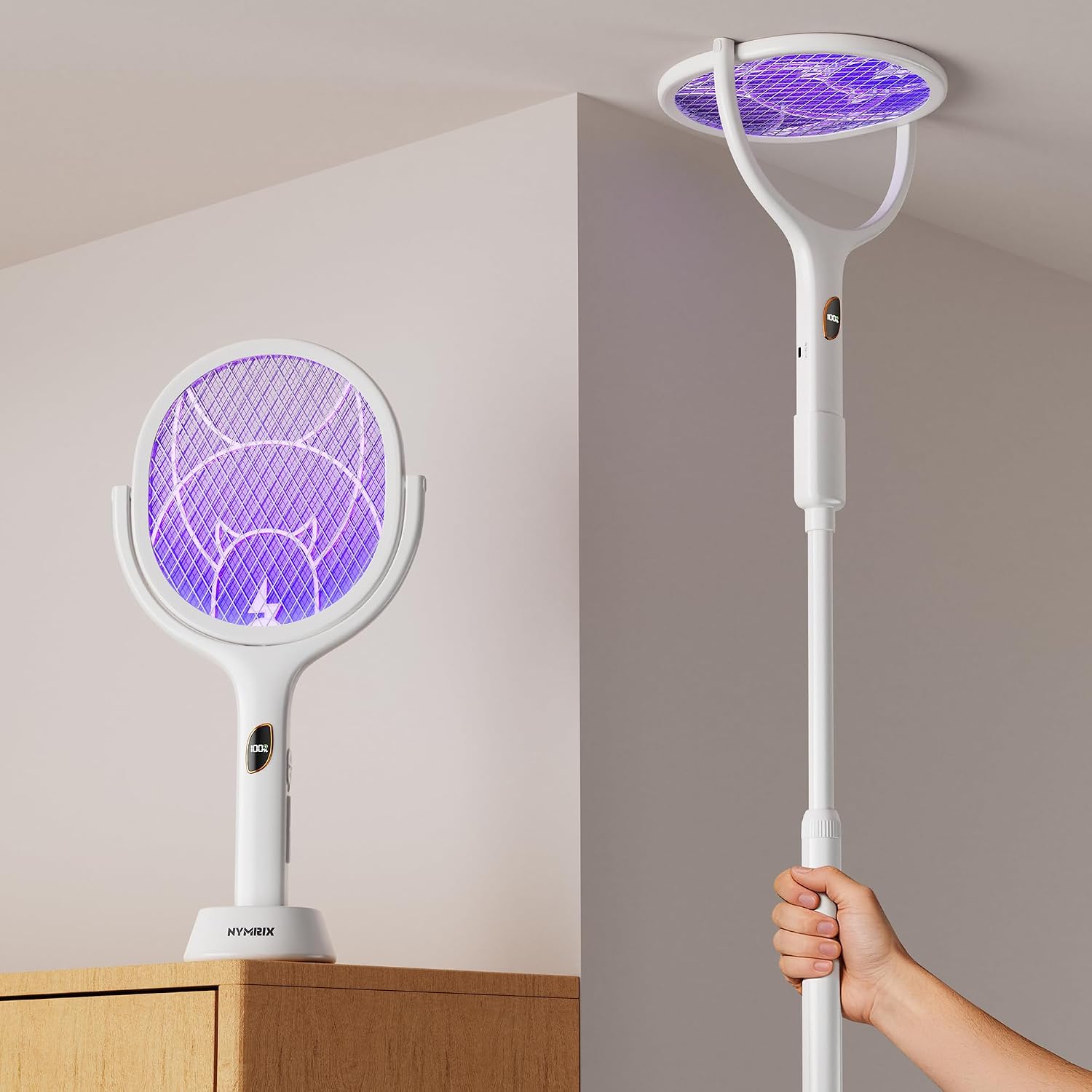 Electric Fly Swatter Racket with Rotating Head & Telescopic Handle | 2-in-1 Bug Zapper, 4100V Rechargeable Mosquito