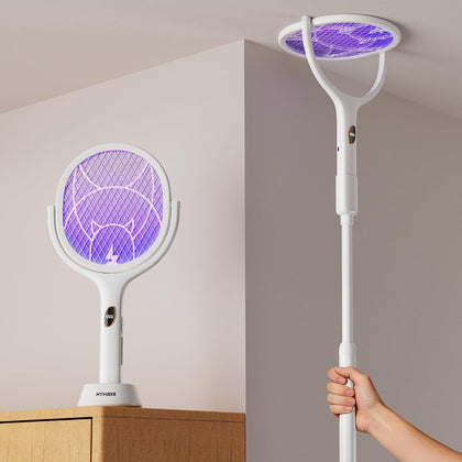 Electric Fly Swatter Racket with Rotating Head & Telescopic Handle | 2-in-1 Bug Zapper, 4100V Rechargeable Mosquito